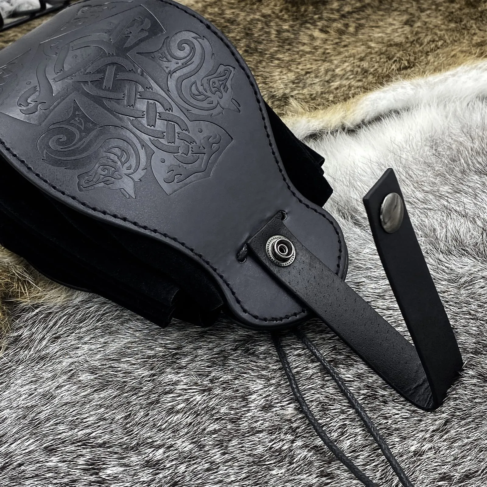 HiiFeuer Custodia in ecopelle medievale, borsa portatile con coulisse,Borsa da cintura vintage dadi per LARP Ren Faire (Mjolnir Nero) - immagine 3