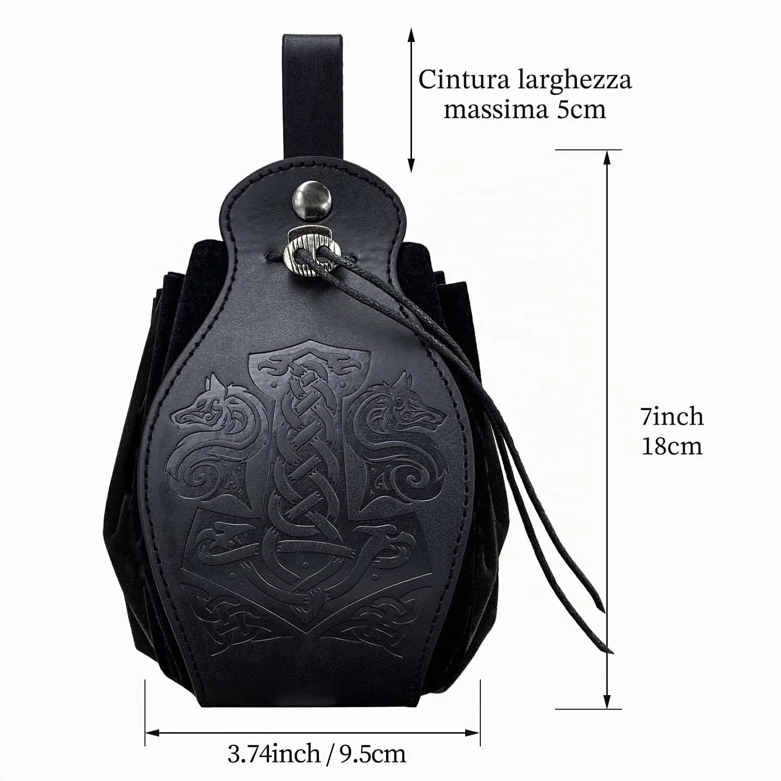HiiFeuer Custodia in ecopelle medievale, borsa portatile con coulisse,Borsa da cintura vintage dadi per LARP Ren Faire (Mjolnir Nero) - immagine 6