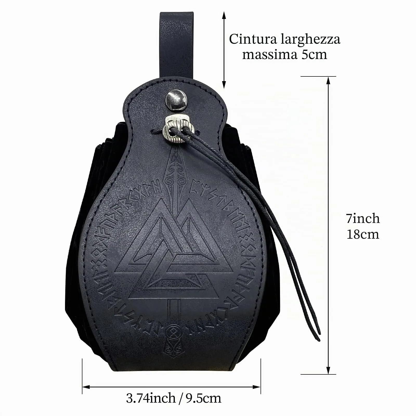 HiiFeuer Custodia in ecopelle medievale, borsa portatile con coulisse,Borsa da cintura vintage per dadi per LARP Ren Faire (Gungnir Nero) - immagine 6