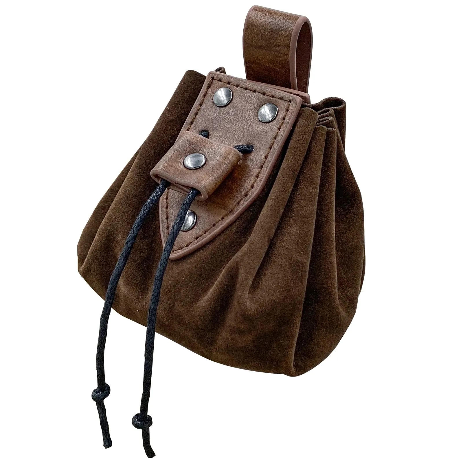 HiiFeuer Marsupio medievale d'epoca in pelle di Pu con coulisse, Portamonete portatile medievale, Rivetti Cintura Borsa Dadi Per LARP Ren Faire (Marrone A) - immagine 2