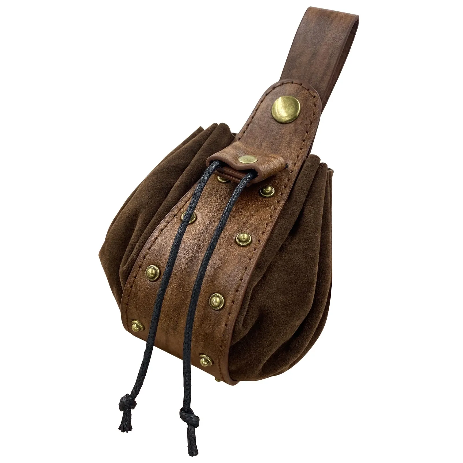 HiiFeuer Marsupio medievale d'epoca in pelle di Pu con coulisse, Portamonete portatile medievale, Rivetti Cintura Borsa Dadi Per LARP Ren Faire (Marrone B) - immagine 3