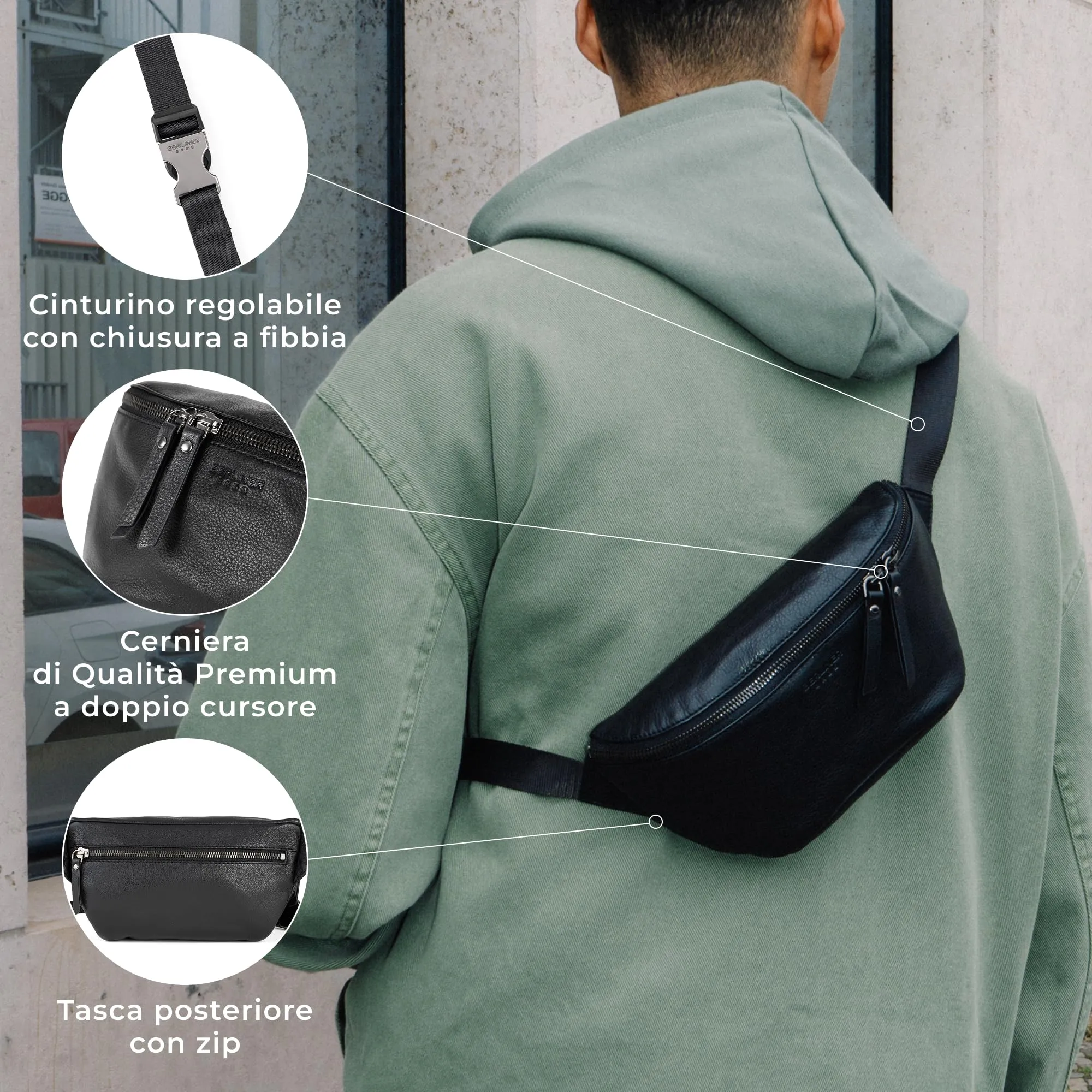 Berliner Bags Marsupio Noah Donna Elegante Uomo Borsa Tracolla Vera Pelle - immagine 4