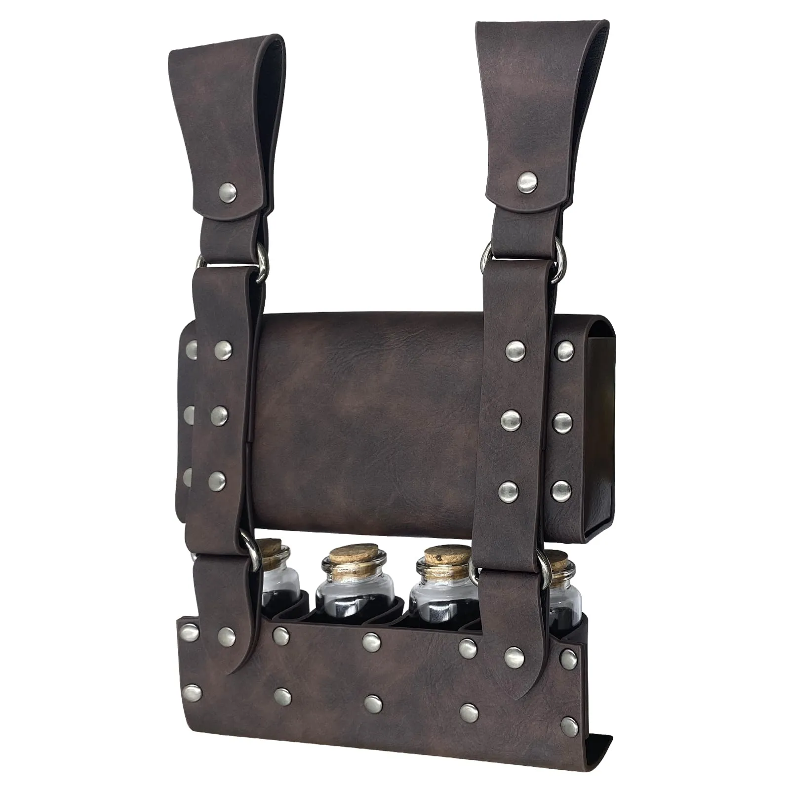 HiiFeuer Borsa da cintura medievale per alchimia in cuoio sintetico con 4 fiale di pozione in sughero, Marsupio fantasia per Halloween (Marrone A) - immagine 6