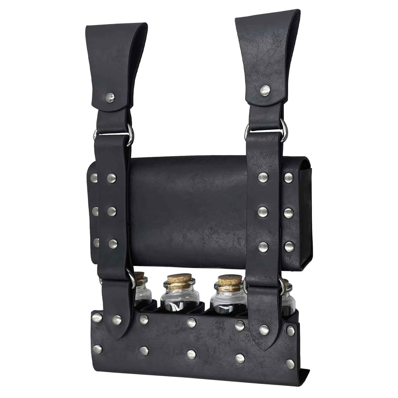 HiiFeuer Borsa da cintura medievale per alchimia in cuoio sintetico con 4 fiale di pozione in sughero, Marsupio fantasia per Halloween (Nero A) - immagine 6