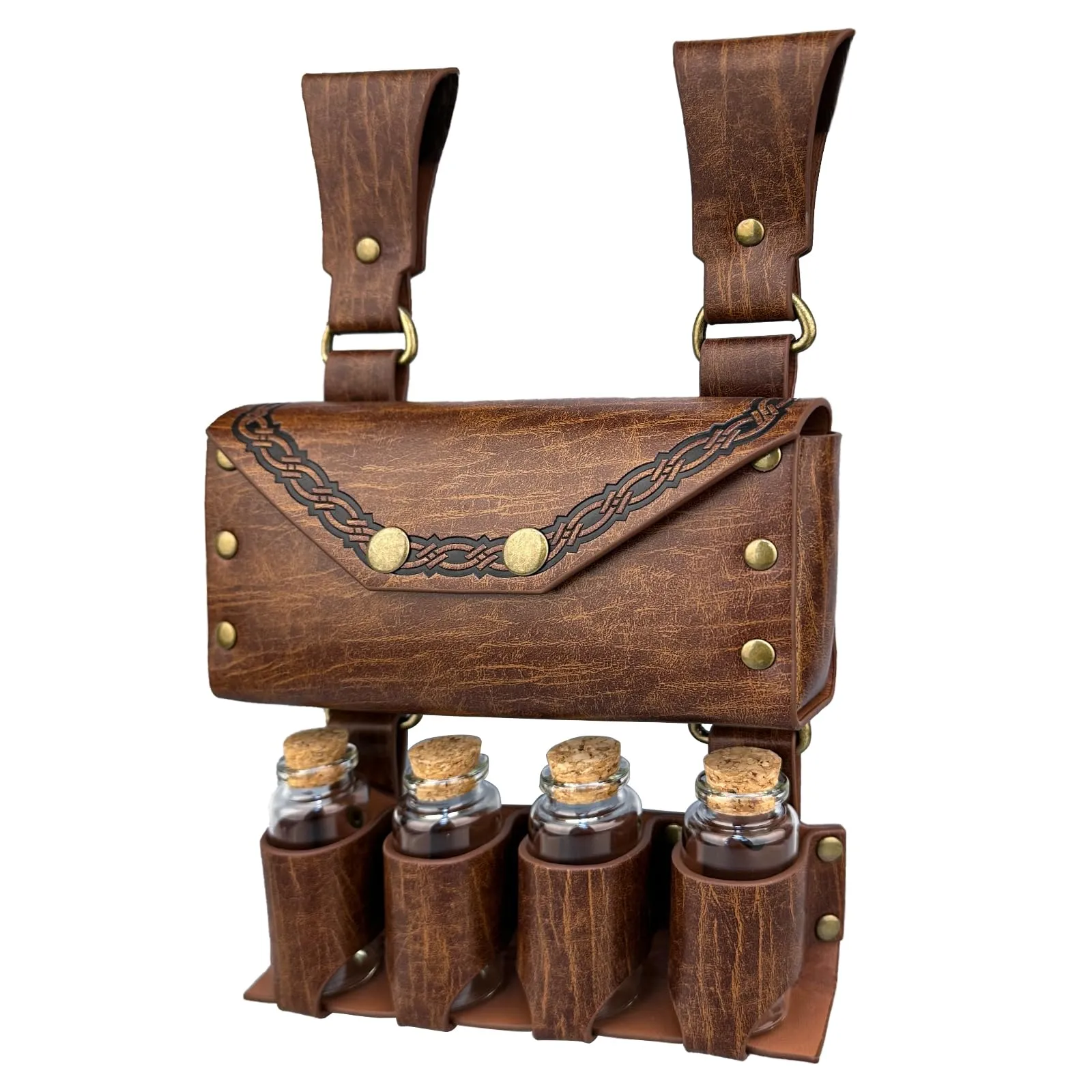 HiiFeuer Borsa da cintura medievale per alchimia in cuoio sintetico con 4 fiale di pozione in sughero, Marsupio fantasia per Halloween (Marrone chiaro A) - immagine 3