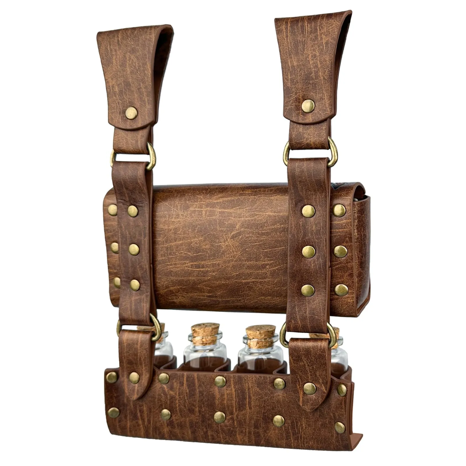 HiiFeuer Borsa da cintura medievale per alchimia in cuoio sintetico con 4 fiale di pozione in sughero, Marsupio fantasia per Halloween (Marrone chiaro A) - immagine 6