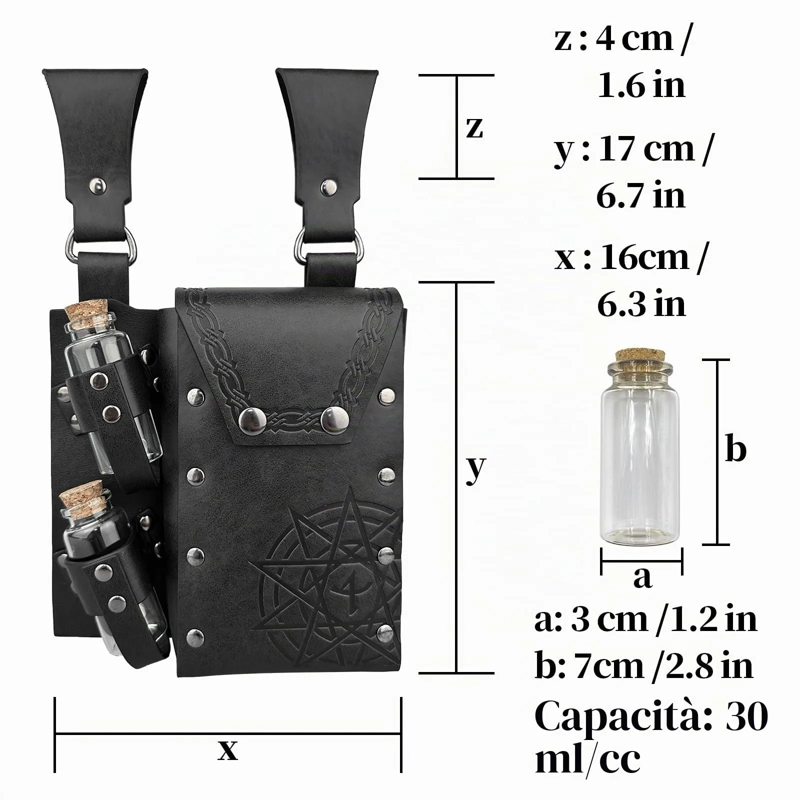 HiiFeuer Borsa da cintura medievale per alchimia in cuoio sintetico con 4 fiale di pozione in sughero, Marsupio fantasia per Halloween (Nero B) - immagine 2
