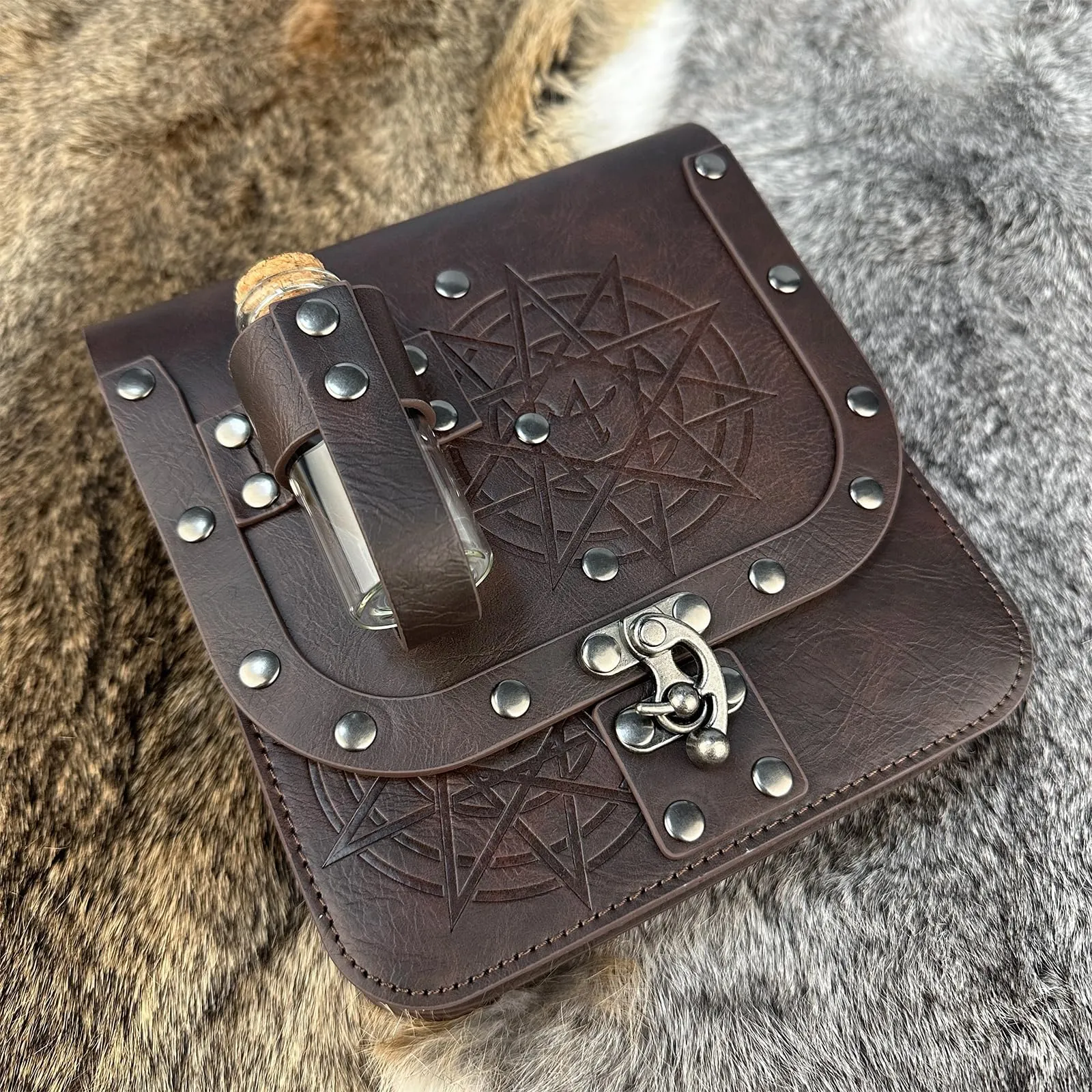 HiiFeuer Marsupio medievale alchimico in ecopelle con fiale di pozione in sughero, marsupio fantasia mago marsupio laterale per LARP Ren Faire, Marrone C - immagine 5