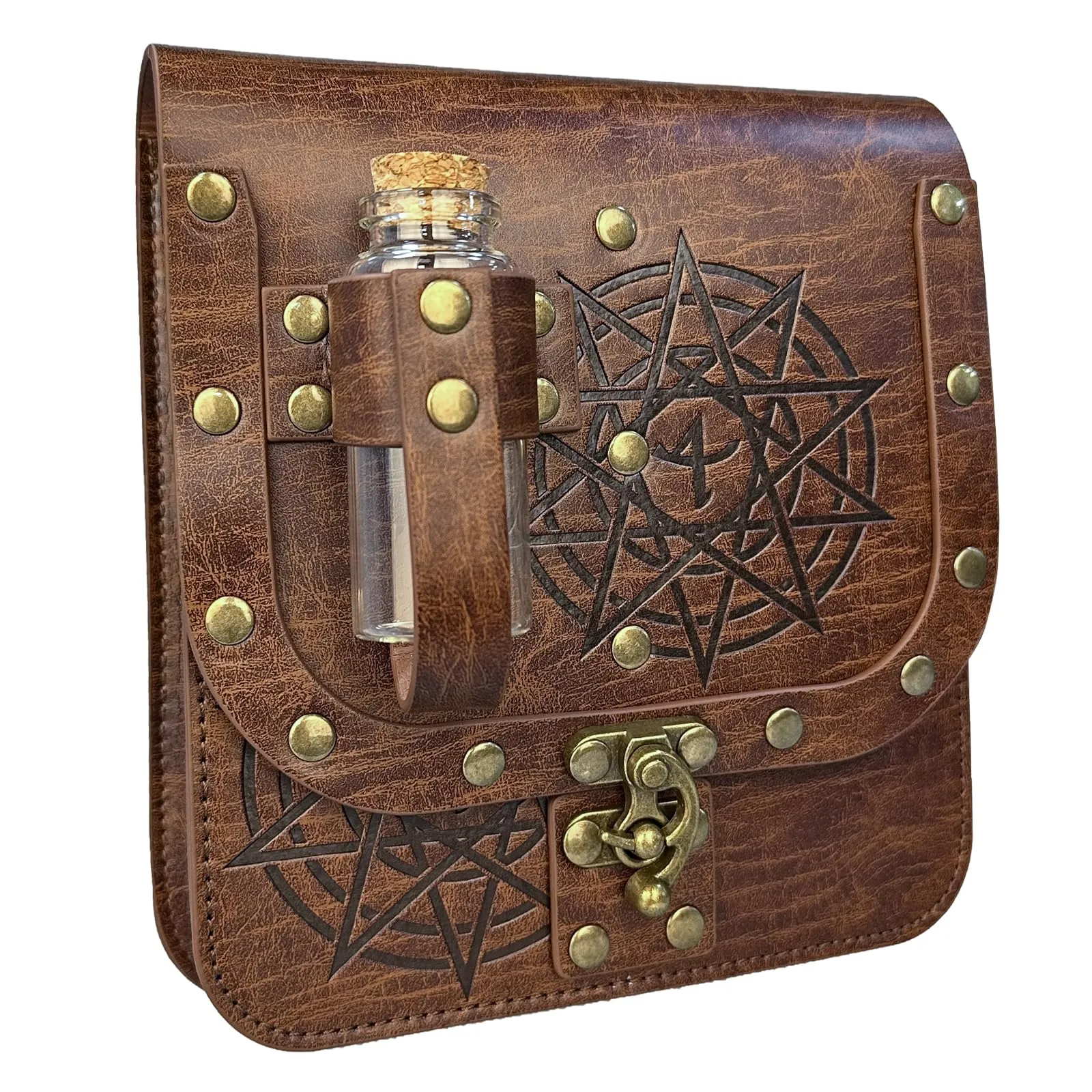 HiiFeuer Marsupio medievale alchimico in ecopelle con fiale di pozione in sughero, marsupio fantasia mago marsupio laterale per LARP Ren Faire, Marrone chiaro C, 17cm x 16cm - immagine 1