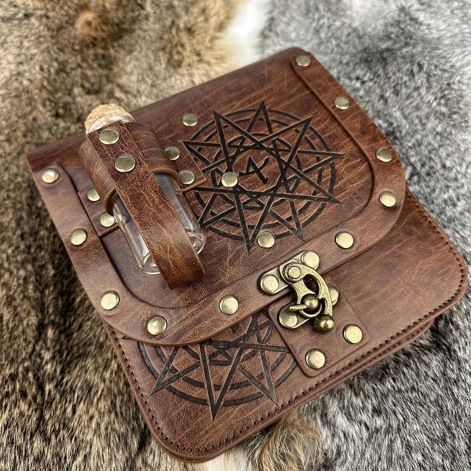 HiiFeuer Marsupio medievale alchimico in ecopelle con fiale di pozione in sughero, marsupio fantasia mago marsupio laterale per LARP Ren Faire, Marrone chiaro C, 17cm x 16cm - immagine 5