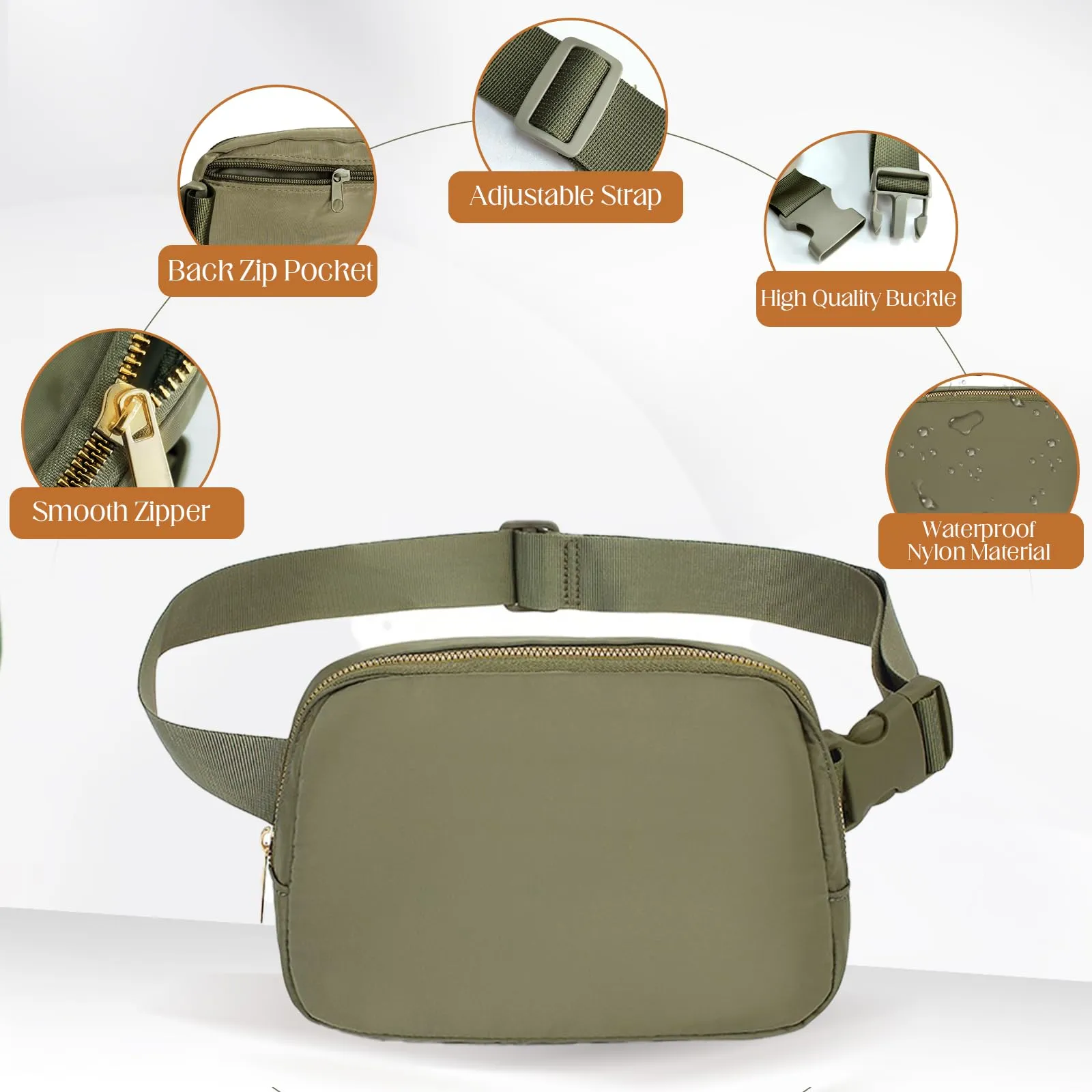 JENCVNL Marsupio per Donna Uomo, Marsupio alla moda per donna Piccola borsa a tracolla Marsupio leggero con tracolla regolabile per corsa Escursionismo Allenamento Viaggi (Verde Kaki) - immagine 6
