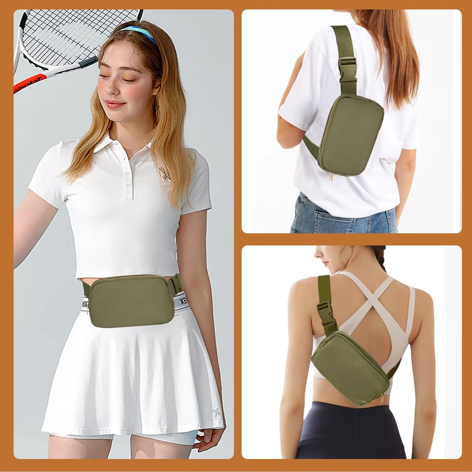 JENCVNL Marsupio per Donna Uomo, Marsupio alla moda per donna Piccola borsa a tracolla Marsupio leggero con tracolla regolabile per corsa Escursionismo Allenamento Viaggi (Verde Kaki) - immagine 7