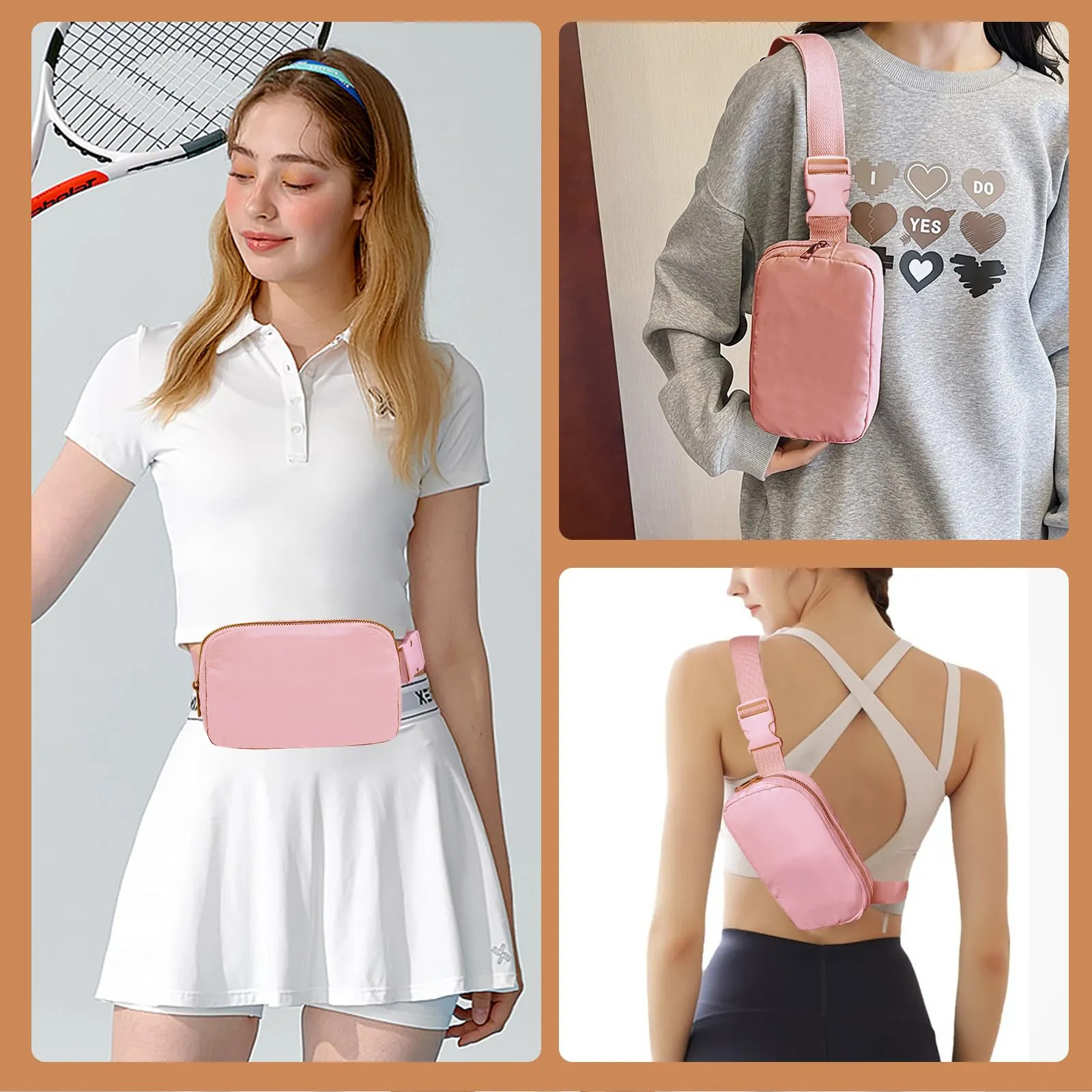 JENCVNL Marsupio per Donna Uomo, Marsupio alla moda per donna Piccola borsa a tracolla Marsupio leggero con tracolla regolabile per corsa Escursionismo Allenamento Viaggi (Rosa) - immagine 7