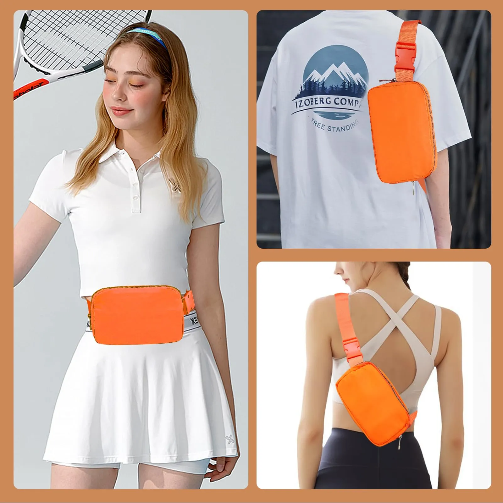 JENCVNL Marsupio per Donna Uomo, Marsupio alla moda per donna Piccola borsa a tracolla Marsupio leggero con tracolla regolabile per corsa Escursionismo Allenamento Viaggi (Arancione) - immagine 7