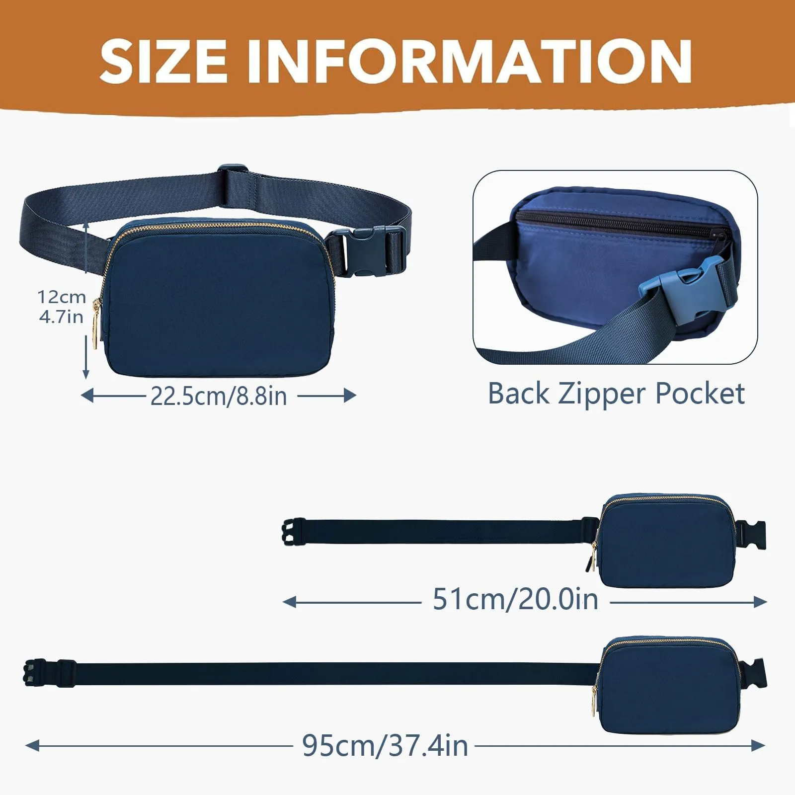 JENCVNL Marsupio per Donna Uomo, Marsupio alla moda per donna Piccola borsa a tracolla Marsupio leggero con tracolla regolabile per corsa Escursionismo Allenamento Viaggi (Blu Navy) - immagine 4