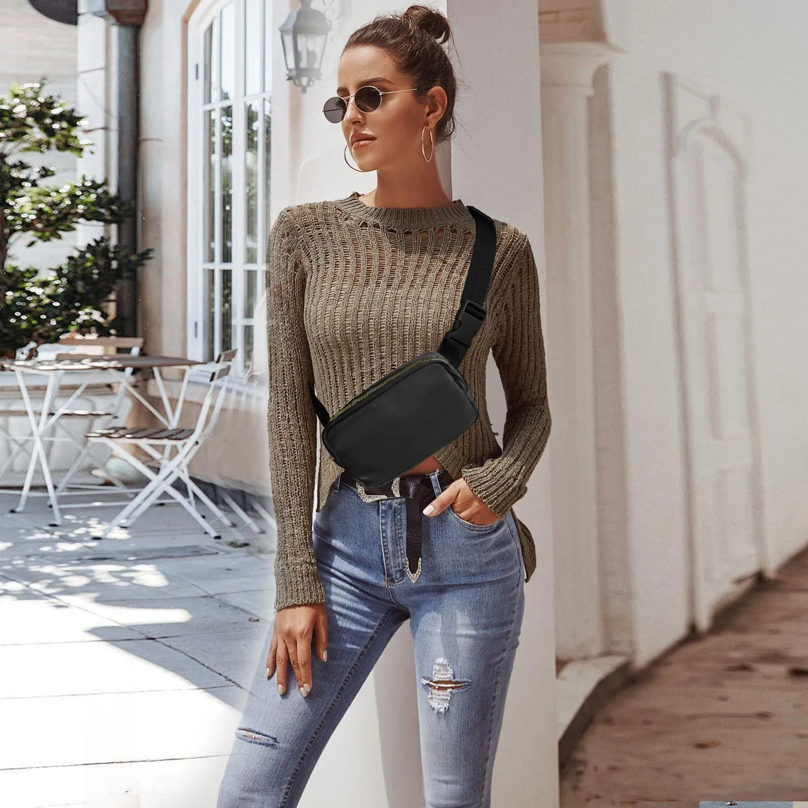 JENCVNL Marsupio per Donna Uomo, Marsupio alla moda per donna Piccola borsa a tracolla Marsupio leggero con tracolla regolabile per corsa Escursionismo Allenamento Viaggi (Nero) - immagine 2