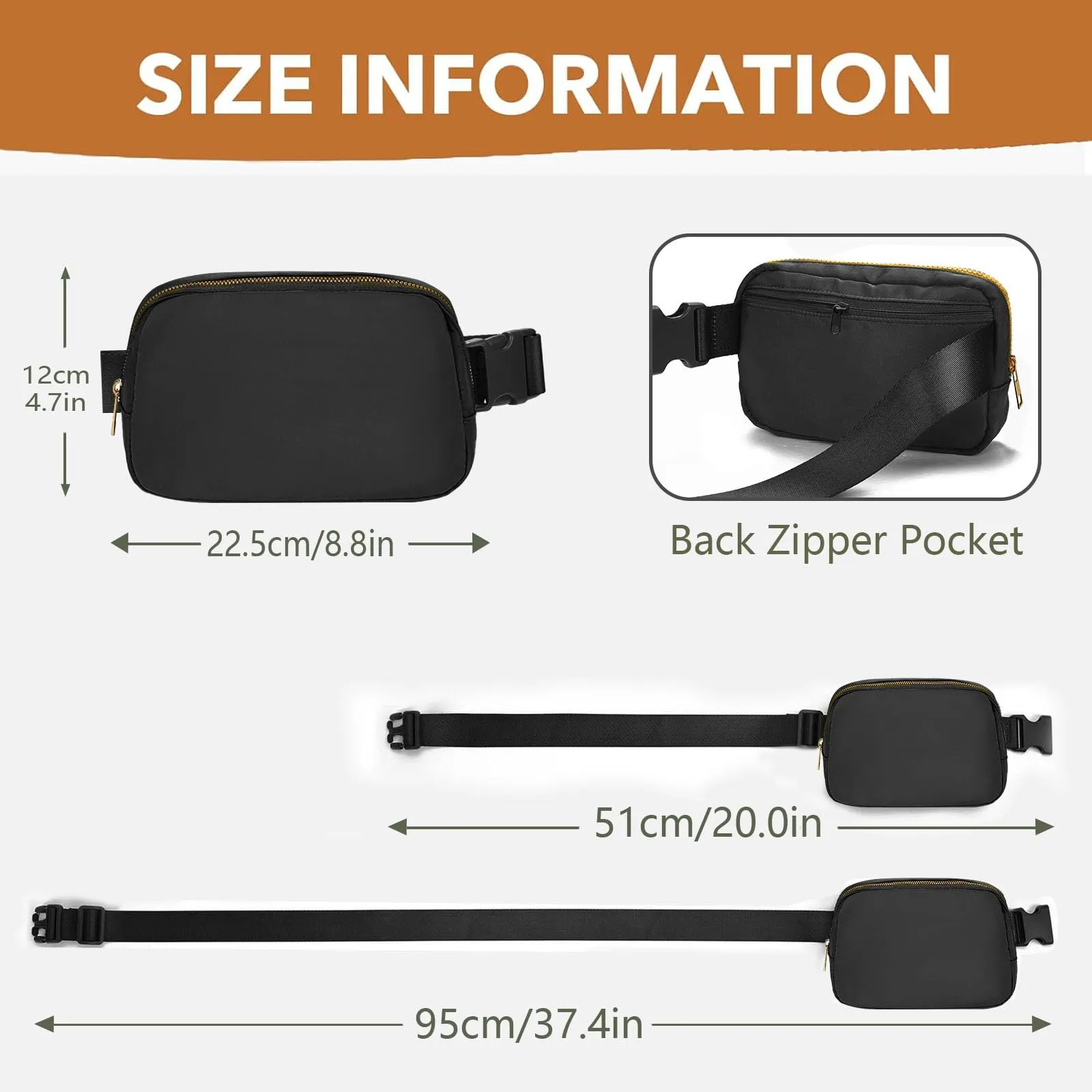 JENCVNL Marsupio per Donna Uomo, Marsupio alla moda per donna Piccola borsa a tracolla Marsupio leggero con tracolla regolabile per corsa Escursionismo Allenamento Viaggi (Nero) - immagine 4