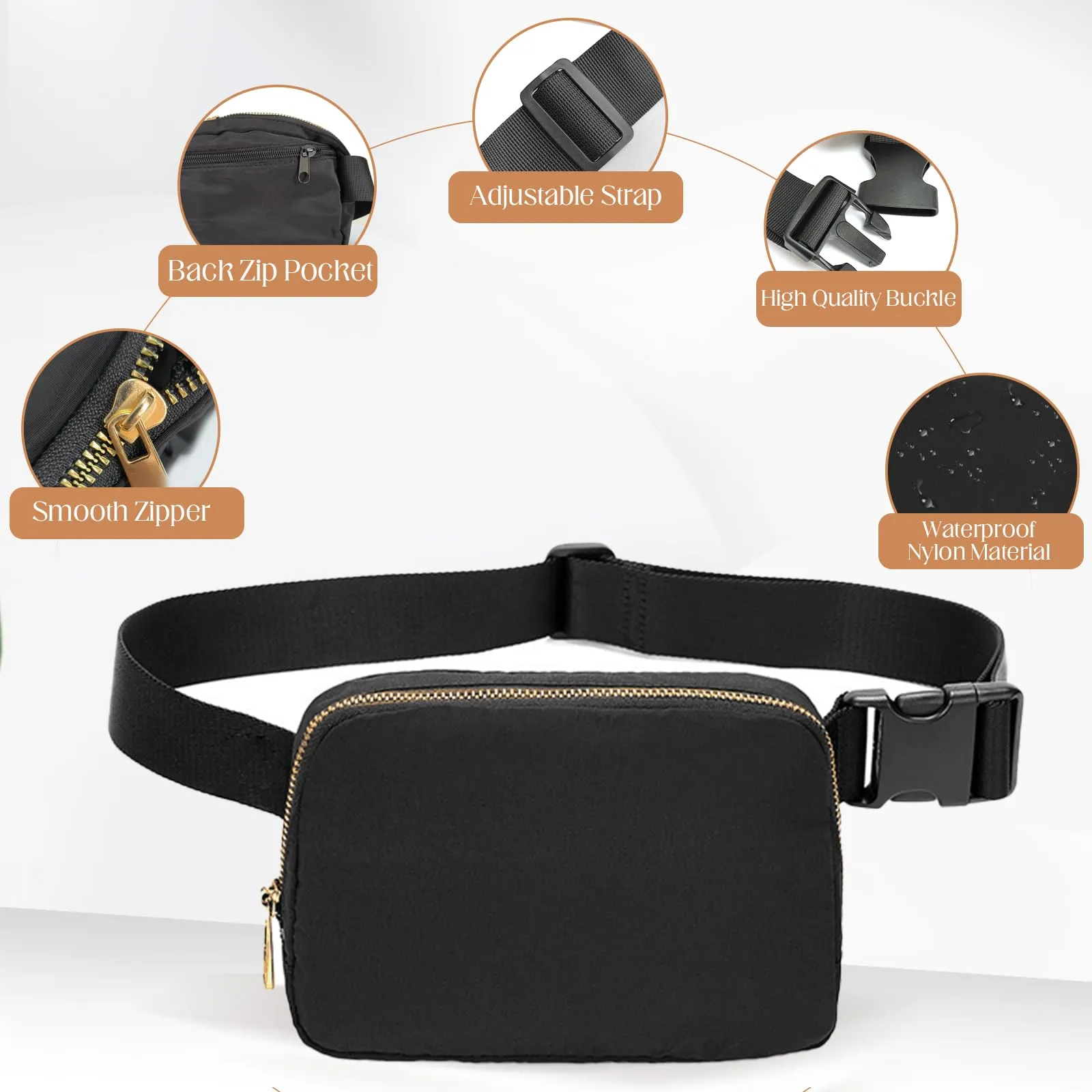 JENCVNL Marsupio per Donna Uomo, Marsupio alla moda per donna Piccola borsa a tracolla Marsupio leggero con tracolla regolabile per corsa Escursionismo Allenamento Viaggi (Nero) - immagine 6