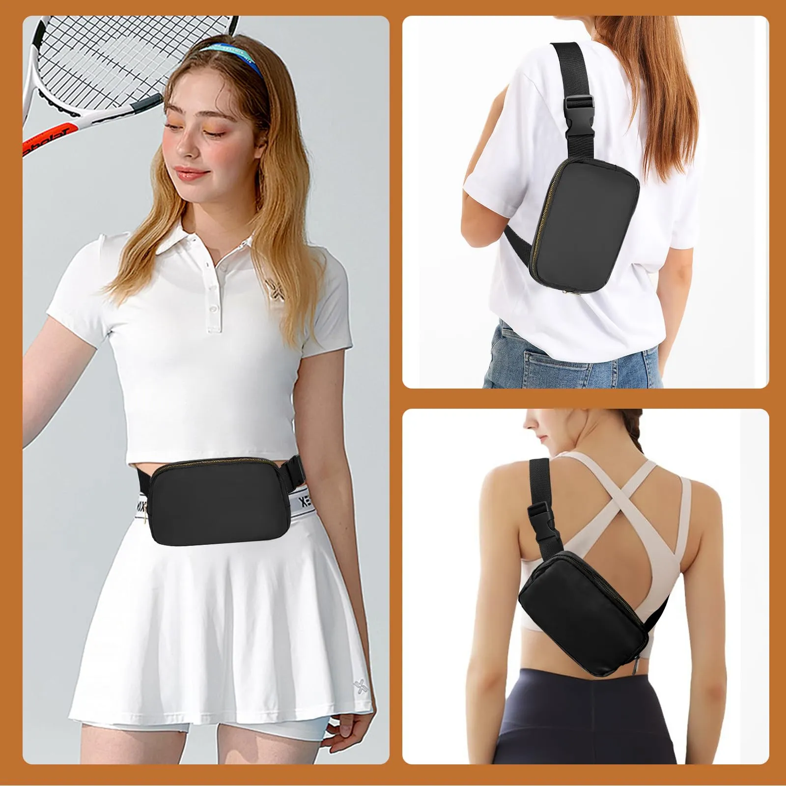 JENCVNL Marsupio per Donna Uomo, Marsupio alla moda per donna Piccola borsa a tracolla Marsupio leggero con tracolla regolabile per corsa Escursionismo Allenamento Viaggi (Nero) - immagine 7