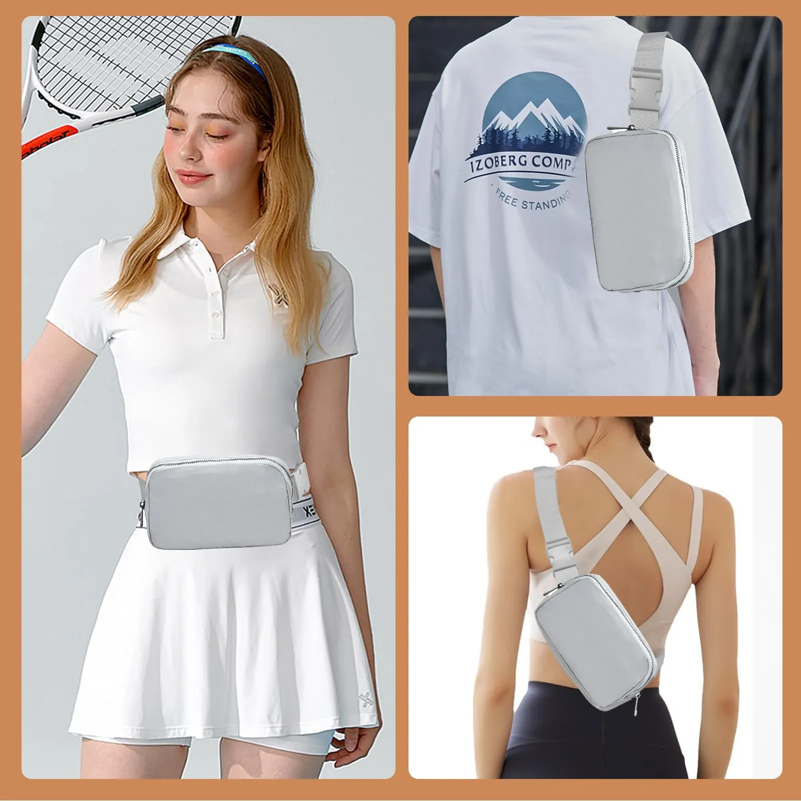 JENCVNL Marsupio per Donna Uomo, Marsupio alla moda per donna Piccola borsa a tracolla Marsupio leggero con tracolla regolabile per corsa Escursionismo Allenamento Viaggi (Grigio) - immagine 7