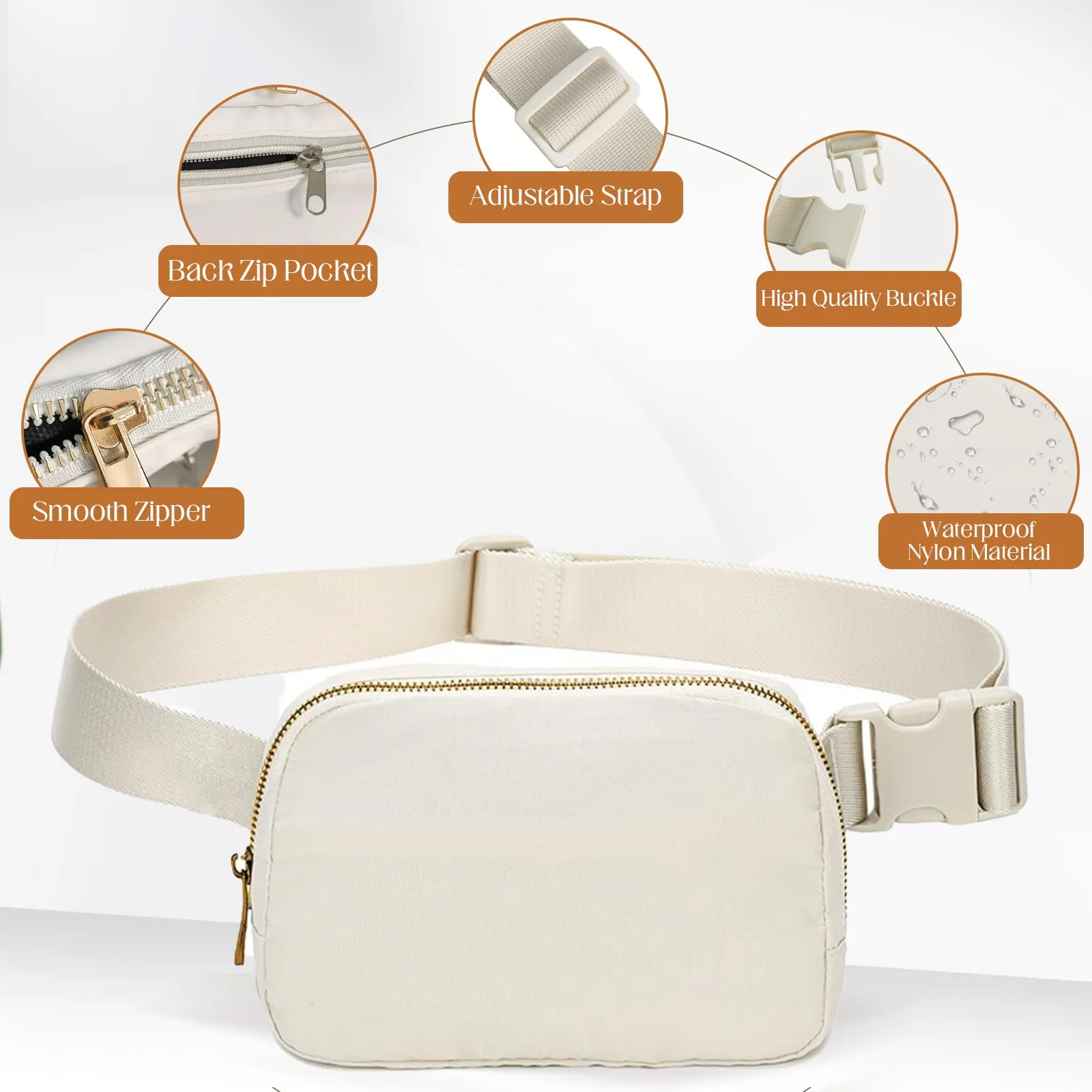 JENCVNL Marsupio per Donna Uomo, Marsupio alla moda per donna Piccola borsa a tracolla Marsupio leggero con tracolla regolabile per corsa Escursionismo Allenamento Viaggi (Beige) - immagine 6