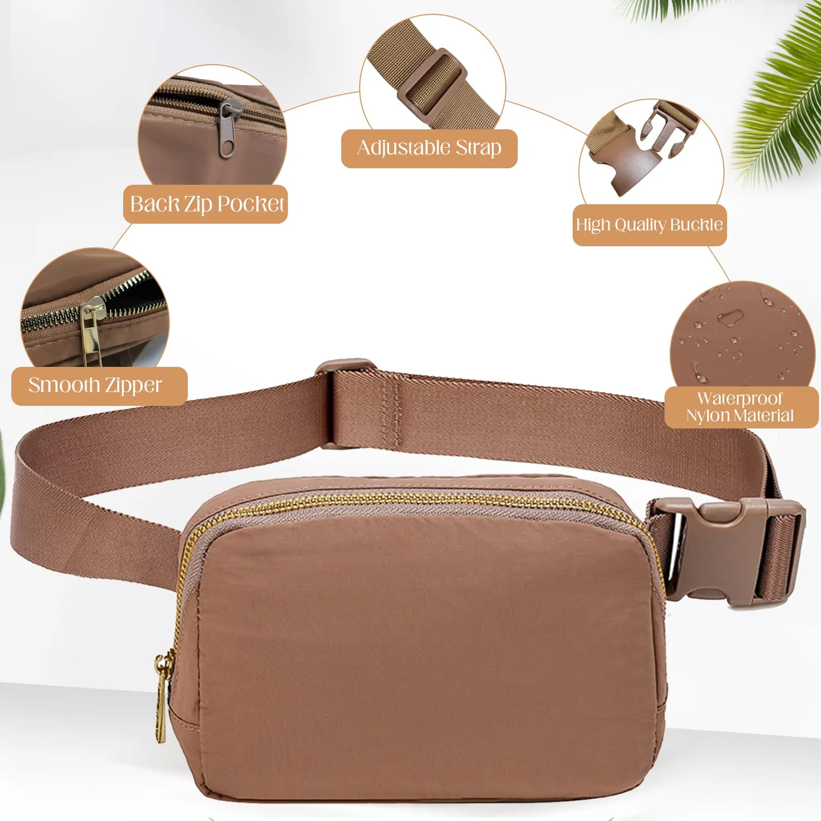 JENCVNL Marsupio per Donna Uomo, Marsupio alla moda per donna Piccola borsa a tracolla Marsupio leggero con tracolla regolabile per corsa Escursionismo Allenamento Viaggi (Marrone) - immagine 5