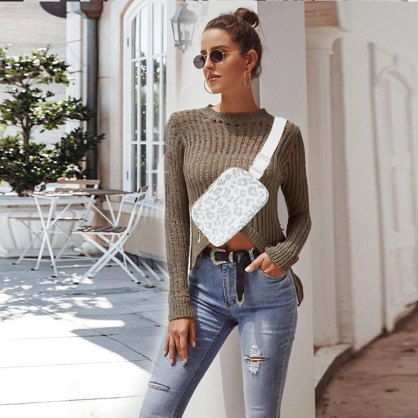 JENCVNL Marsupio per Donna Uomo, Marsupio alla moda per donna Piccola borsa a tracolla Marsupio leggero con tracolla regolabile per corsa Escursionismo Allenamento Viaggi (Leopardo Bianco) - immagine 2