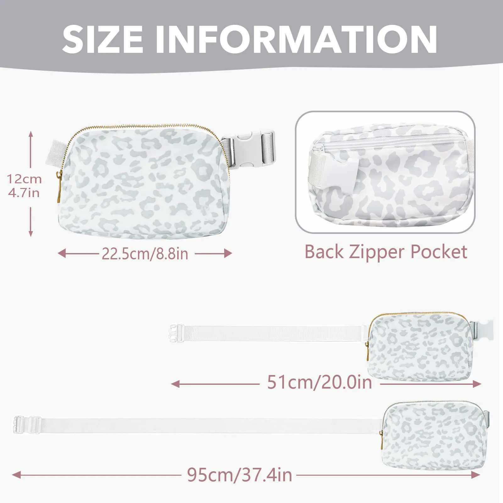 JENCVNL Marsupio per Donna Uomo, Marsupio alla moda per donna Piccola borsa a tracolla Marsupio leggero con tracolla regolabile per corsa Escursionismo Allenamento Viaggi (Leopardo Bianco) - immagine 3