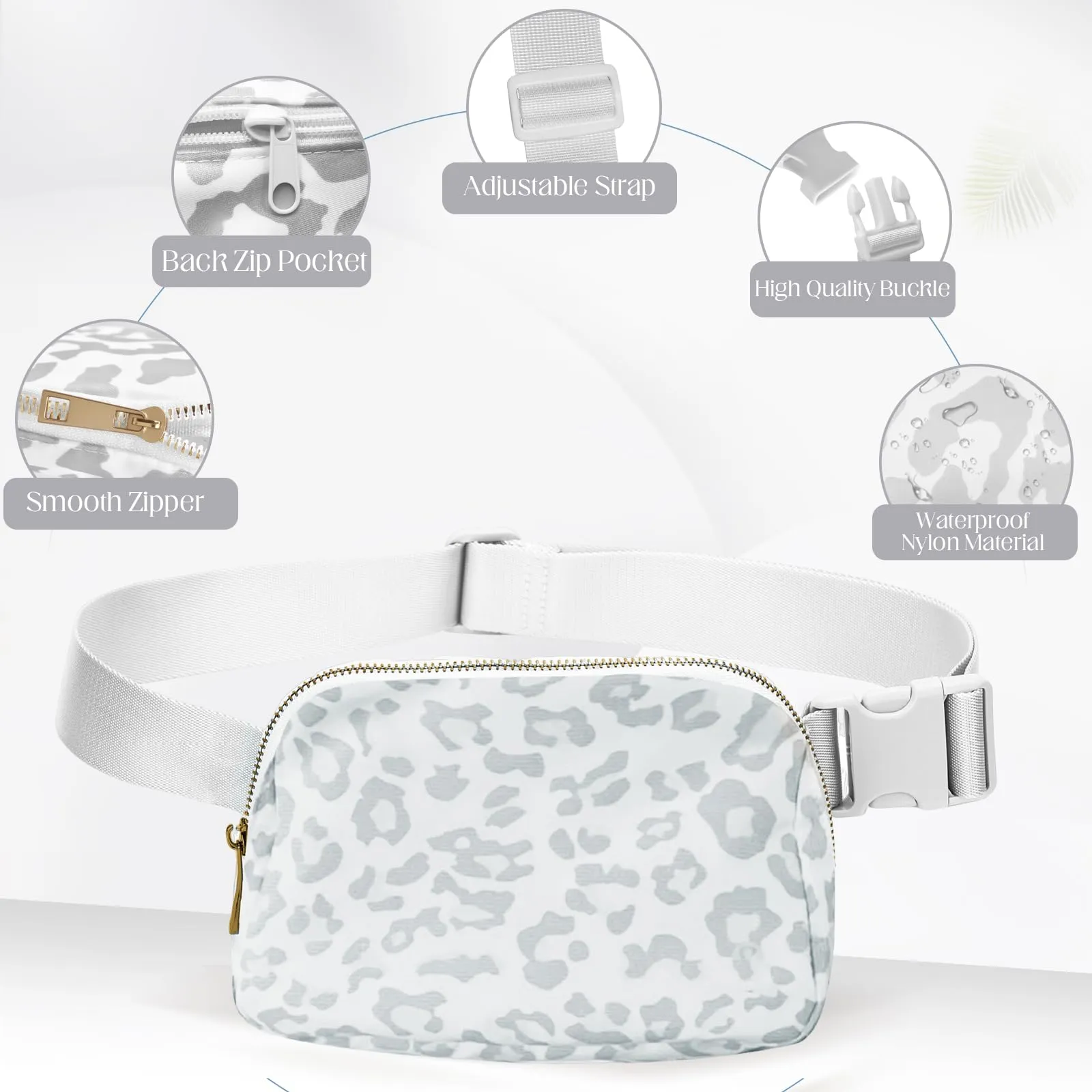 JENCVNL Marsupio per Donna Uomo, Marsupio alla moda per donna Piccola borsa a tracolla Marsupio leggero con tracolla regolabile per corsa Escursionismo Allenamento Viaggi (Leopardo Bianco) - immagine 5