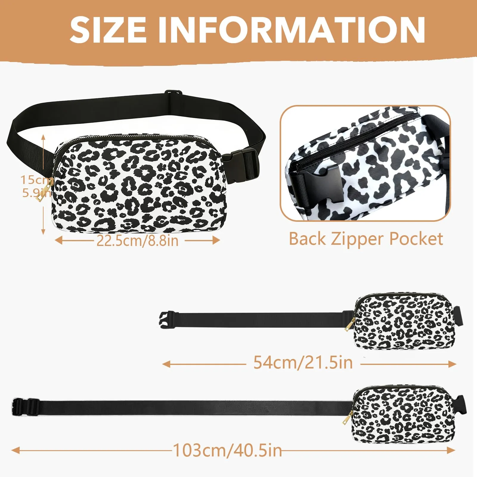 JENCVNL Marsupio per Donna Uomo, Marsupio alla moda per donna Piccola borsa a tracolla Marsupio leggero con tracolla regolabile per corsa Escursionismo Allenamento Viaggi (Leopardo Nero) - immagine 3