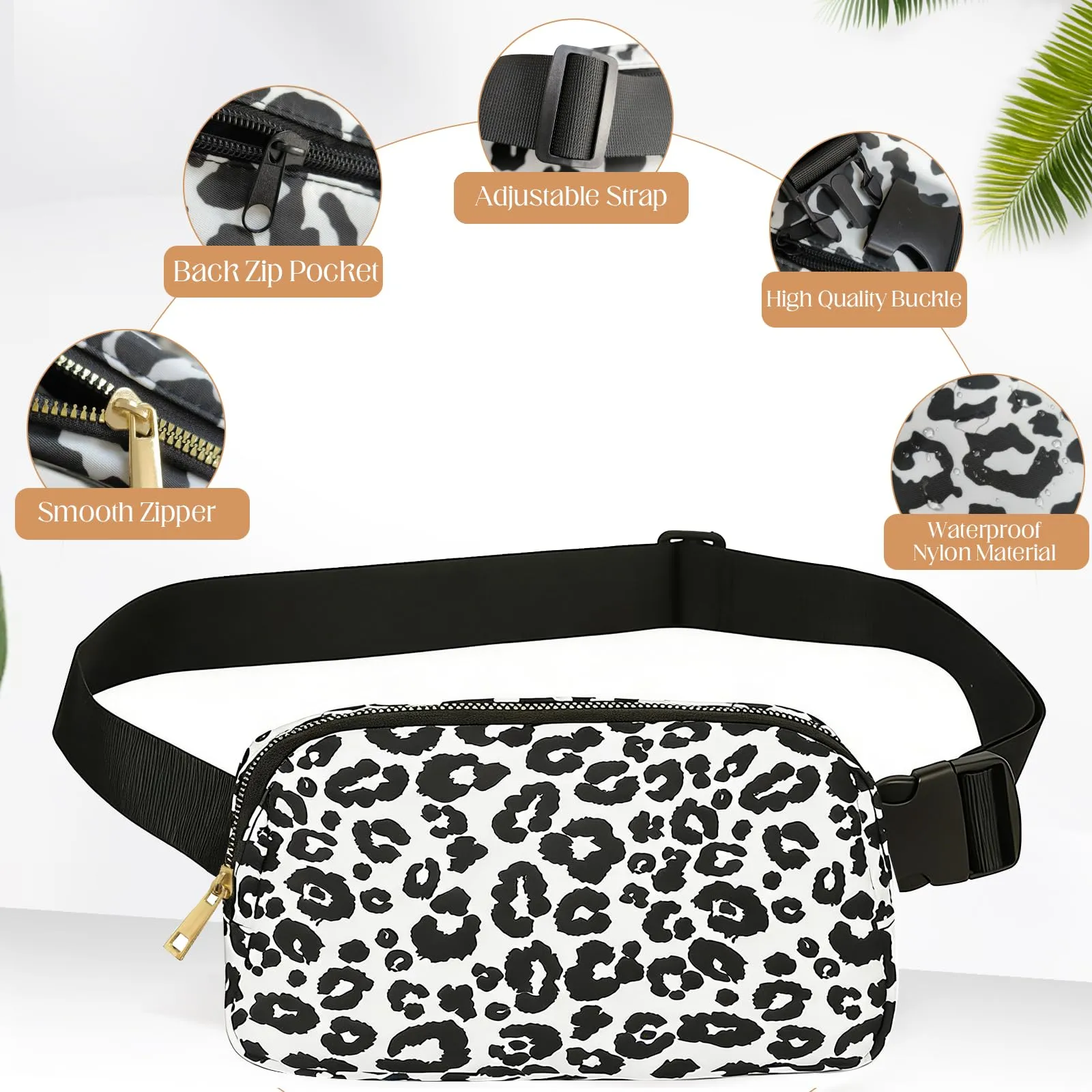 JENCVNL Marsupio per Donna Uomo, Marsupio alla moda per donna Piccola borsa a tracolla Marsupio leggero con tracolla regolabile per corsa Escursionismo Allenamento Viaggi (Leopardo Nero) - immagine 5
