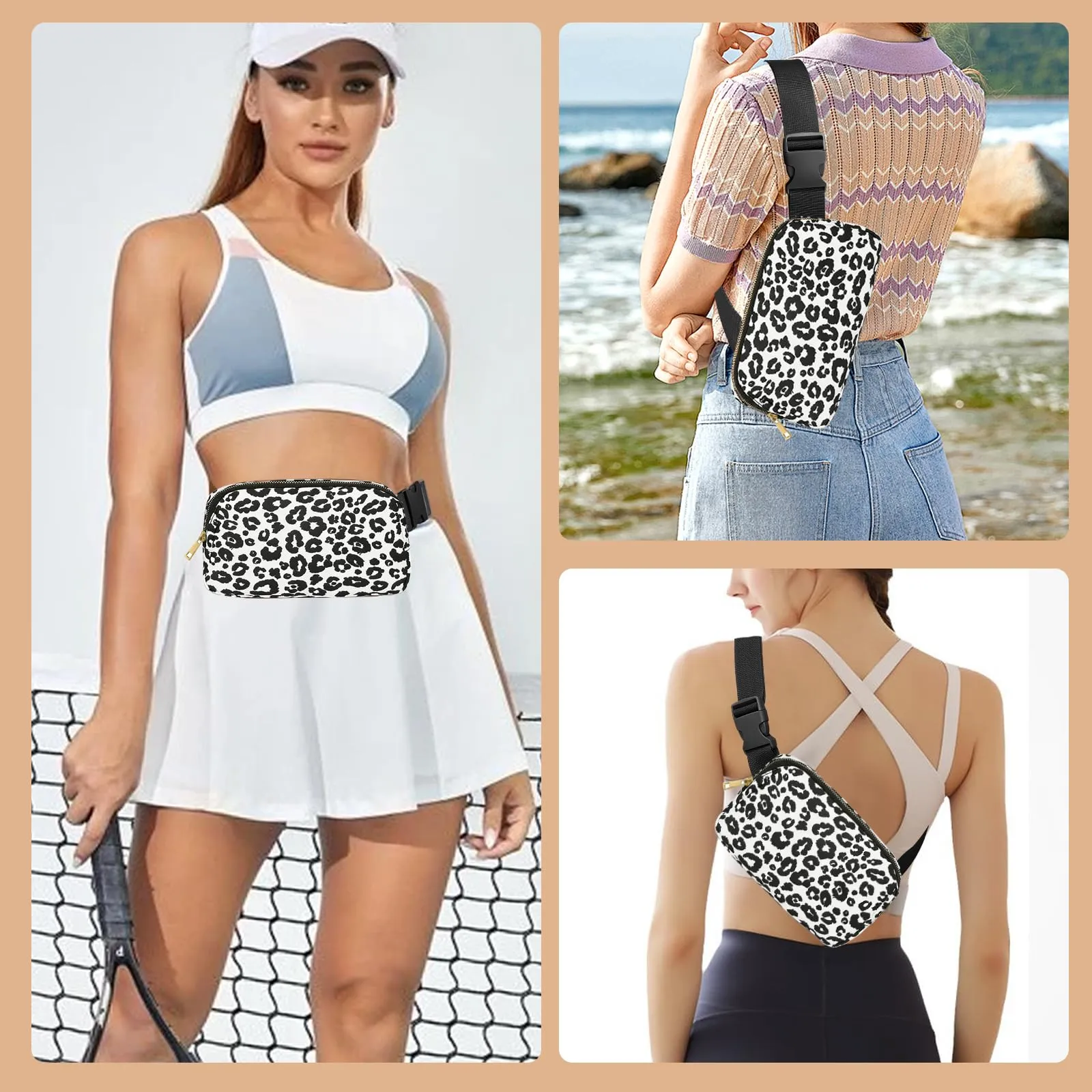 JENCVNL Marsupio per Donna Uomo, Marsupio alla moda per donna Piccola borsa a tracolla Marsupio leggero con tracolla regolabile per corsa Escursionismo Allenamento Viaggi (Leopardo Nero) - immagine 7