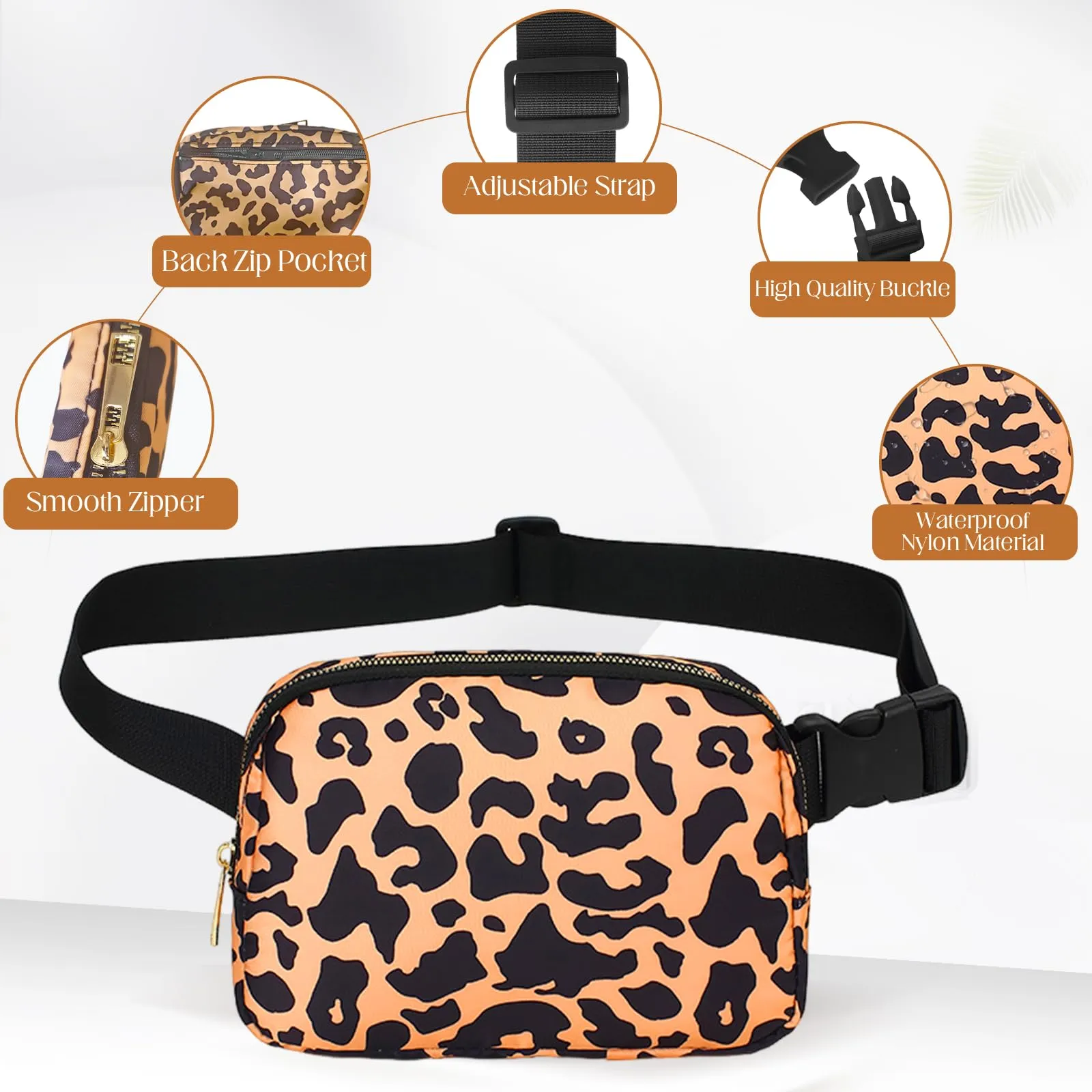 JENCVNL Marsupio per Donna Uomo, Marsupio alla moda per donna Piccola borsa a tracolla Marsupio leggero con tracolla regolabile per corsa Escursionismo Allenamento Viaggi (Leopardo Giallo) - immagine 5