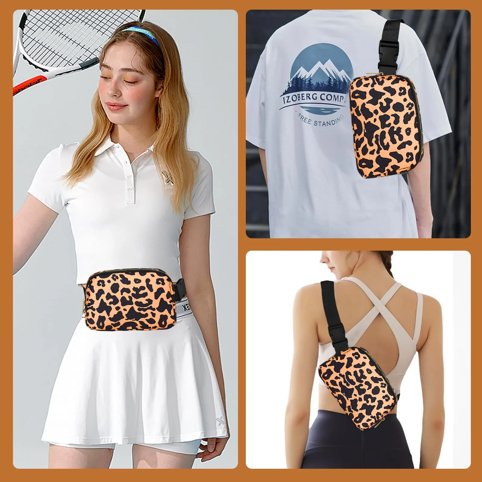 JENCVNL Marsupio per Donna Uomo, Marsupio alla moda per donna Piccola borsa a tracolla Marsupio leggero con tracolla regolabile per corsa Escursionismo Allenamento Viaggi (Leopardo Giallo) - immagine 7