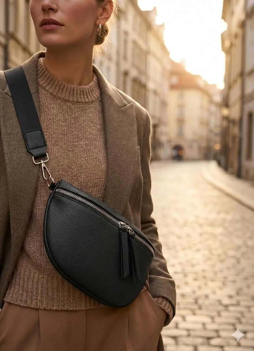Marsupio da donna in vera pelle, grande formato 25 x 18 cm, tracolla larga 4 cm, doppia cerniera, tasca con zip, Nero , 25 X 18 Centimètres, Elegante Banana Con Tracolla Regolabile - immagine 2