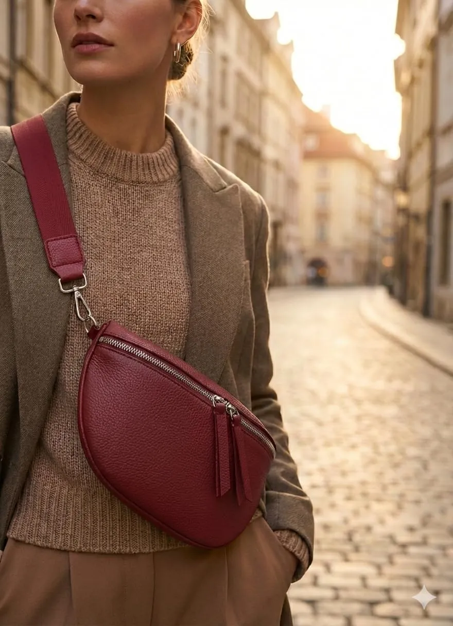 Marsupio da donna in vera pelle, grande formato 25 x 18 cm, tracolla larga 4 cm, doppia cerniera, tasca con zip, rosso scuro, 25 X 18 Centimètres, Elegante Banana Con Tracolla Regolabile - immagine 2