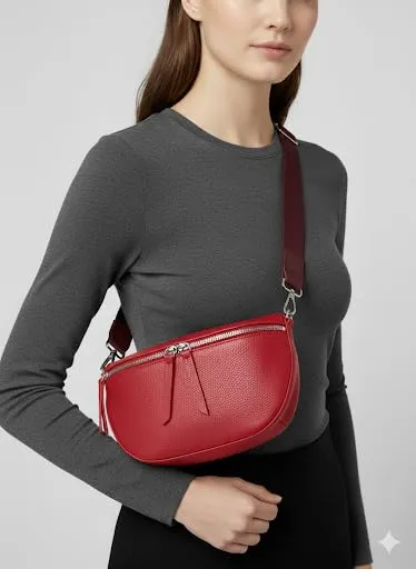 Marsupio da donna in vera pelle, grande formato 25 x 18 cm, tracolla larga 4 cm, doppia cerniera, tasca con zip, rosso scuro, 25 X 18 Centimètres, Elegante Banana Con Tracolla Regolabile - immagine 4