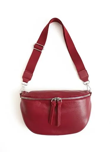 Marsupio da donna in vera pelle, grande formato 25 x 18 cm, tracolla larga 4 cm, doppia cerniera, tasca con zip, rosso scuro, 25 X 18 Centimètres, Elegante Banana Con Tracolla Regolabile - immagine 5