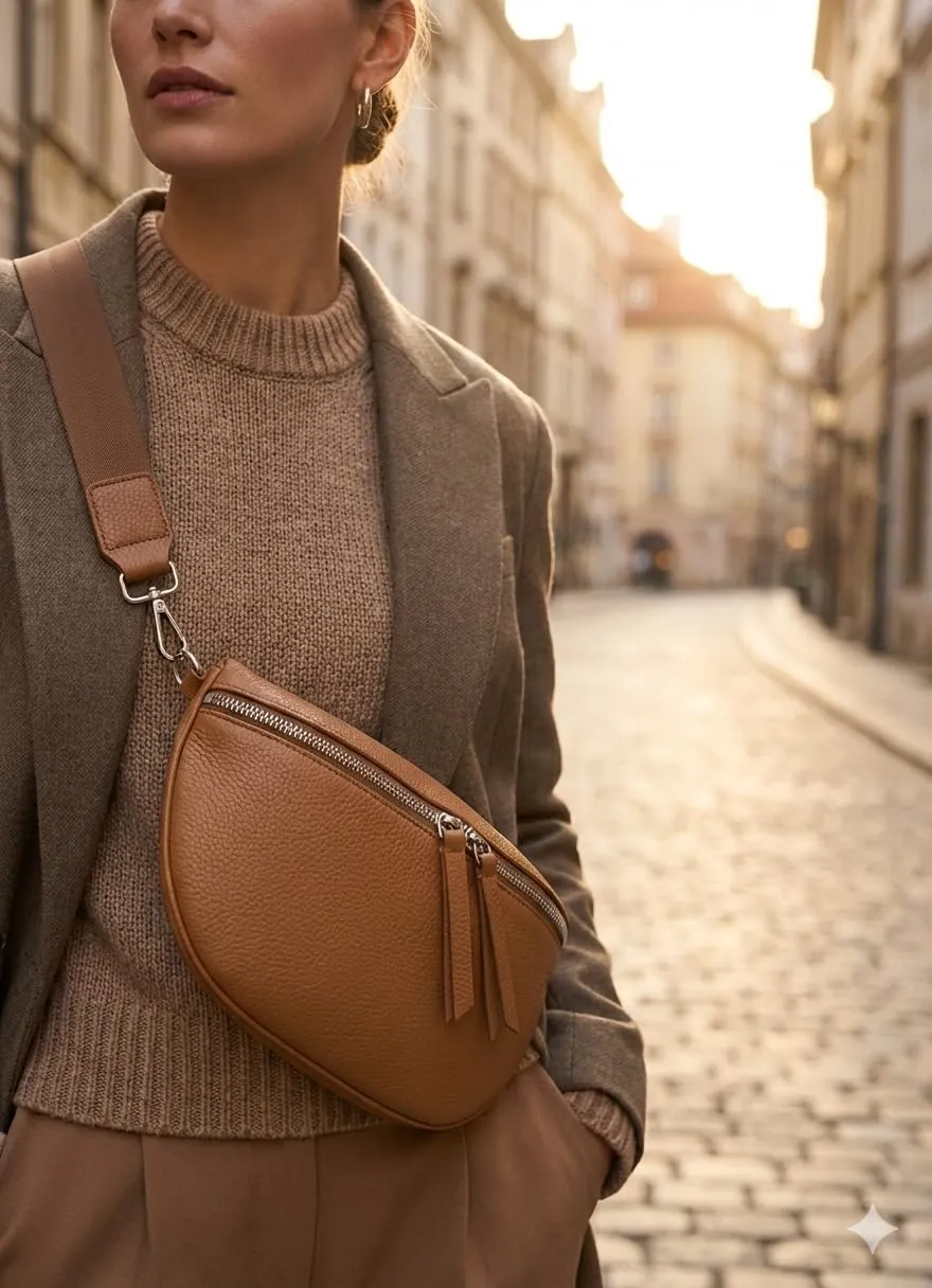 Marsupio da donna in vera pelle, grande formato 25 x 18 cm, tracolla larga 4 cm, doppia cerniera, tasca con zip, marrone, 25 X 18 Centimètres, Elegante Banana Con Tracolla Regolabile - immagine 2