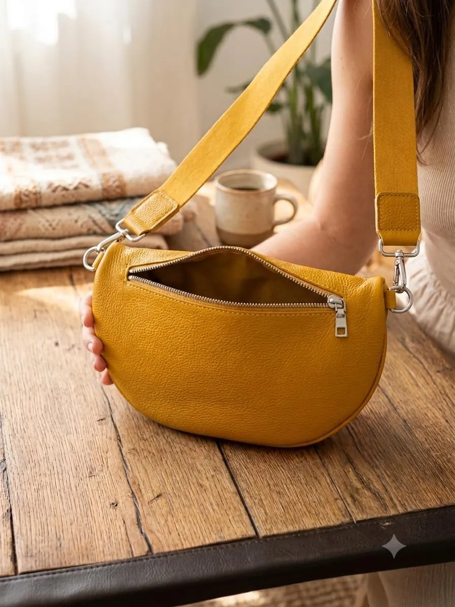 Marsupio da donna in vera pelle, grande formato 25 x 18 cm, tracolla larga 4 cm, doppia cerniera, tasca con zip, giallo, 25 X 18 Centimètres, Elegante Banana Con Tracolla Regolabile - immagine 2