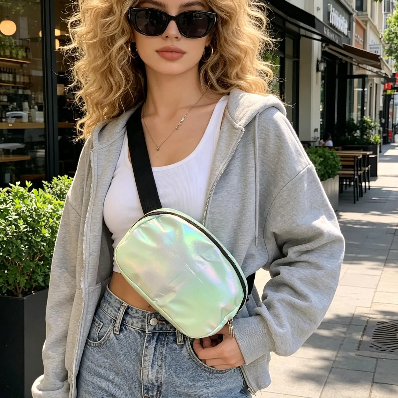 JENCVNL Marsupio da donna e uomo, in nylon, alla moda, con tracolla regolabile, per corsa, escursionismo, allenamento, viaggi, Verde laser, alla moda - immagine 2