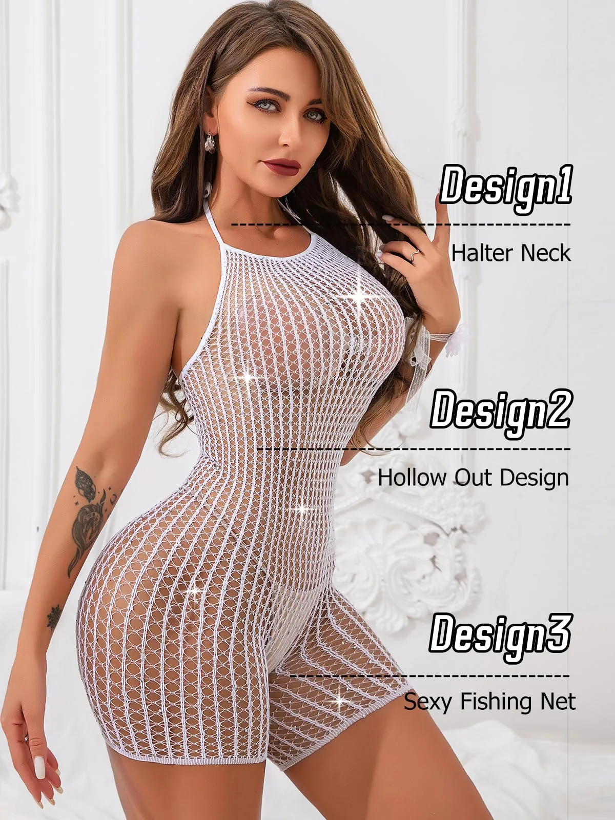 Buitifo Lingerie sexy da donna, body con strass, bianco, taglia M - immagine 3