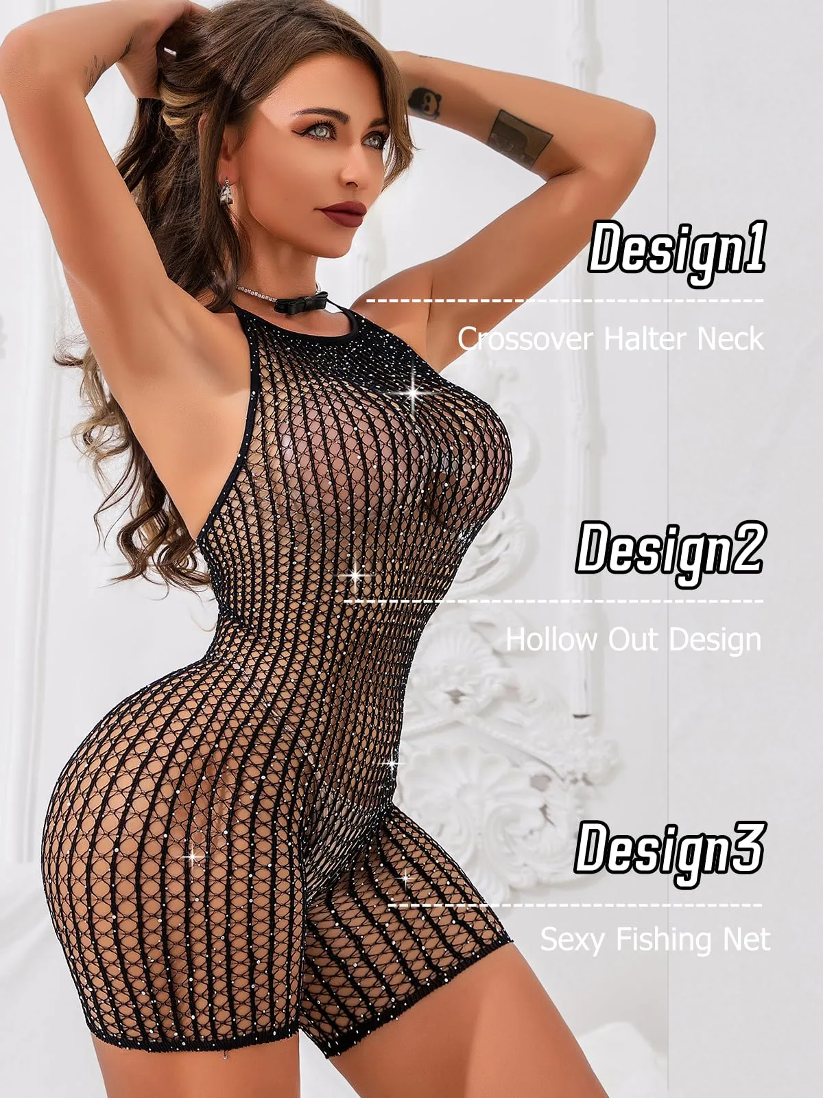 Buitifo Lingerie sexy da donna, body con strass, Nero 8, Medium - immagine 2