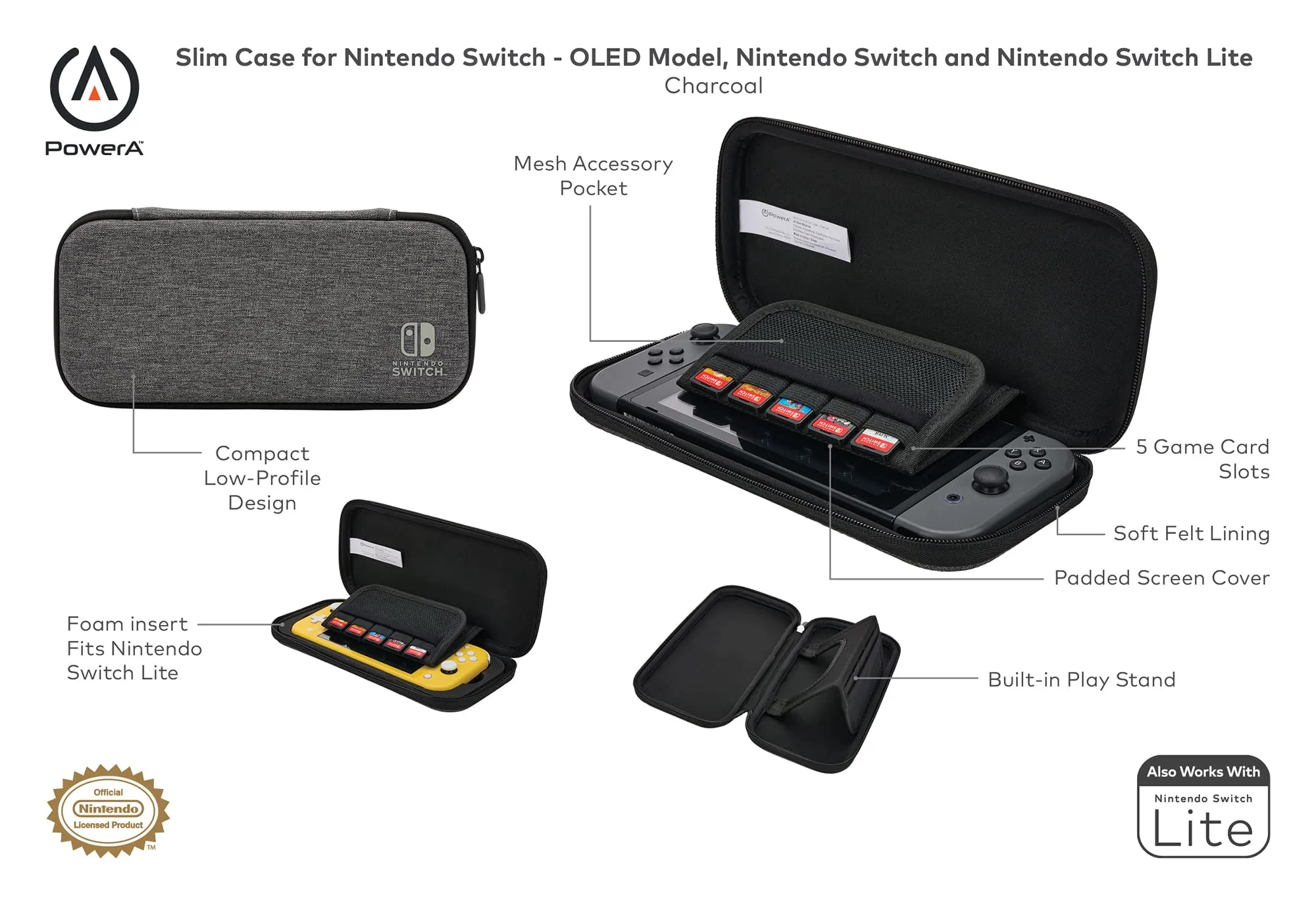 Slim Case for Nintendo Switch - OLED Model, Nintendo Switch or Nintendo Switch Lite - Charcoal - immagine 2