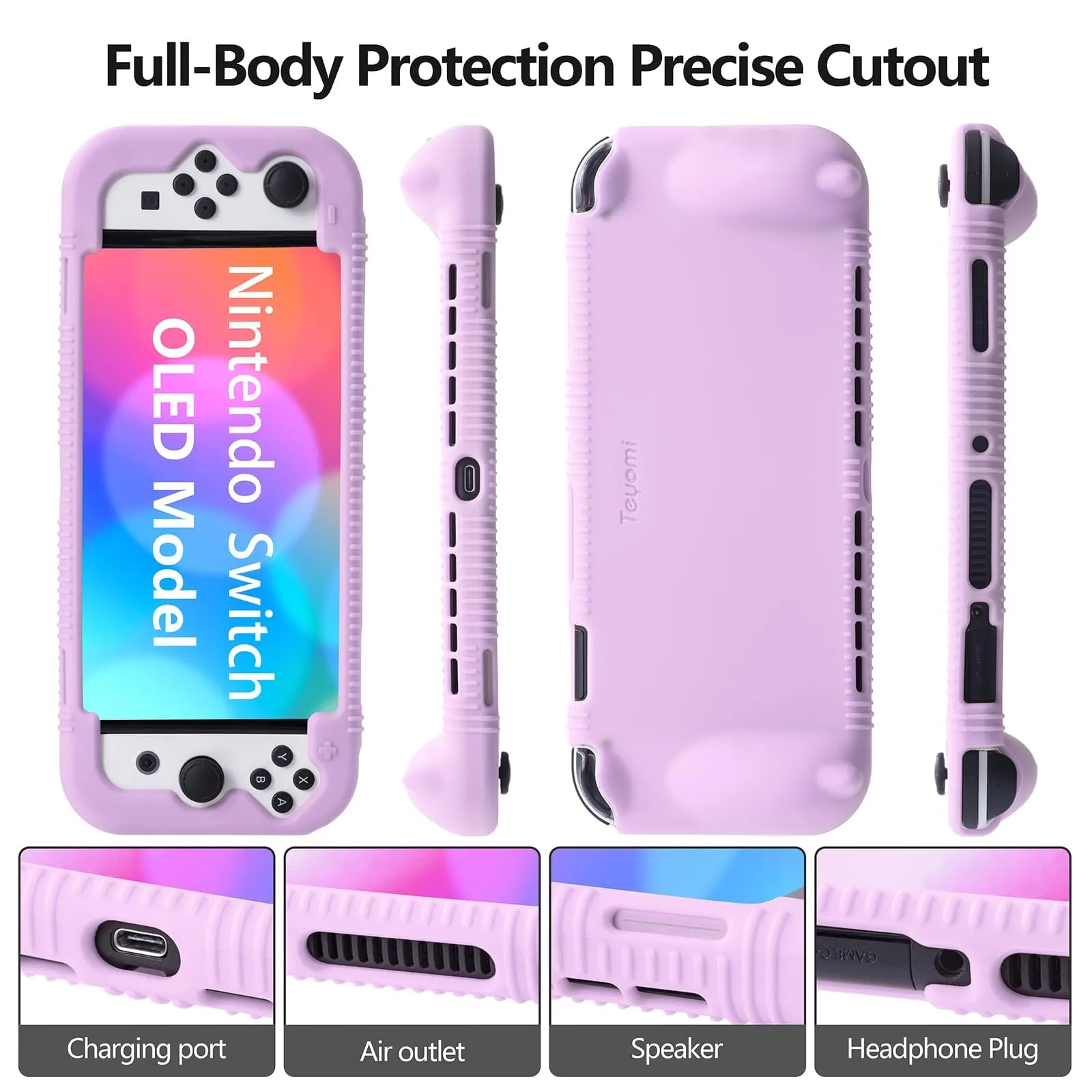 Teyomi Silicone Custodia compatibile con Nintendo Switch OLED modello 2021, Cover Nintendo Switch Oled con protettiva con accessori in vetro temperato, 2 scomparti per carte da gioco (viola) - immagine 3