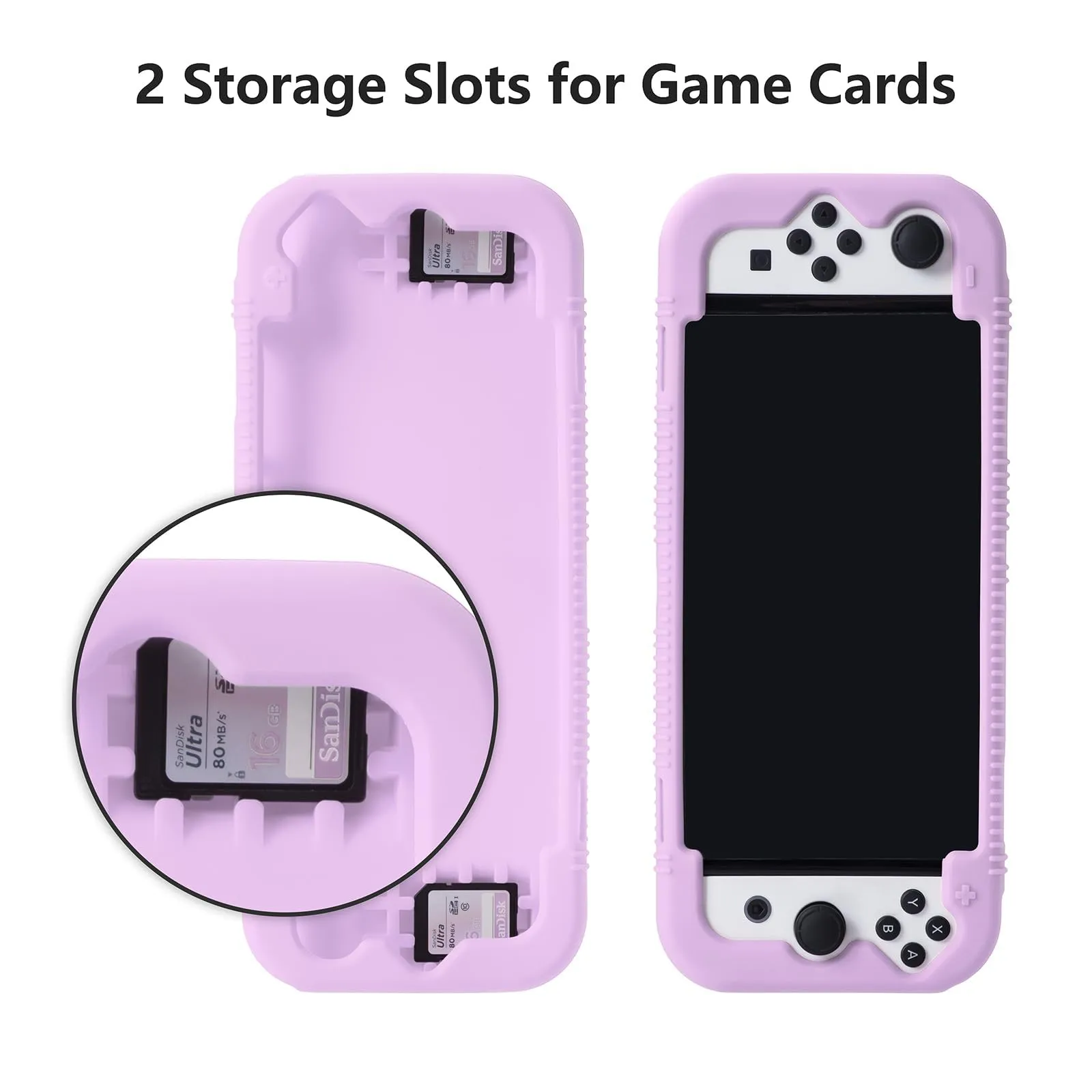 Teyomi Silicone Custodia compatibile con Nintendo Switch OLED modello 2021, Cover Nintendo Switch Oled con protettiva con accessori in vetro temperato, 2 scomparti per carte da gioco (viola) - immagine 5