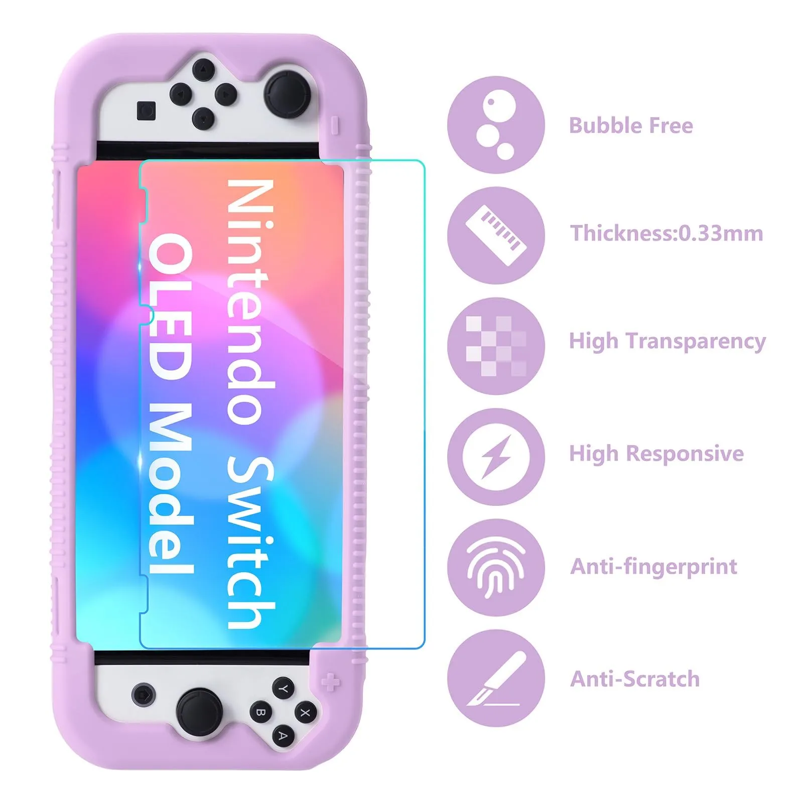 Teyomi Silicone Custodia compatibile con Nintendo Switch OLED modello 2021, Cover Nintendo Switch Oled con protettiva con accessori in vetro temperato, 2 scomparti per carte da gioco (viola) - immagine 6