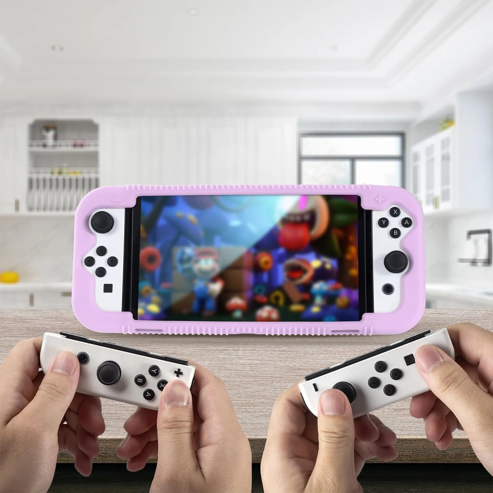 Teyomi Silicone Custodia compatibile con Nintendo Switch OLED modello 2021, Cover Nintendo Switch Oled con protettiva con accessori in vetro temperato, 2 scomparti per carte da gioco (viola) - immagine 9