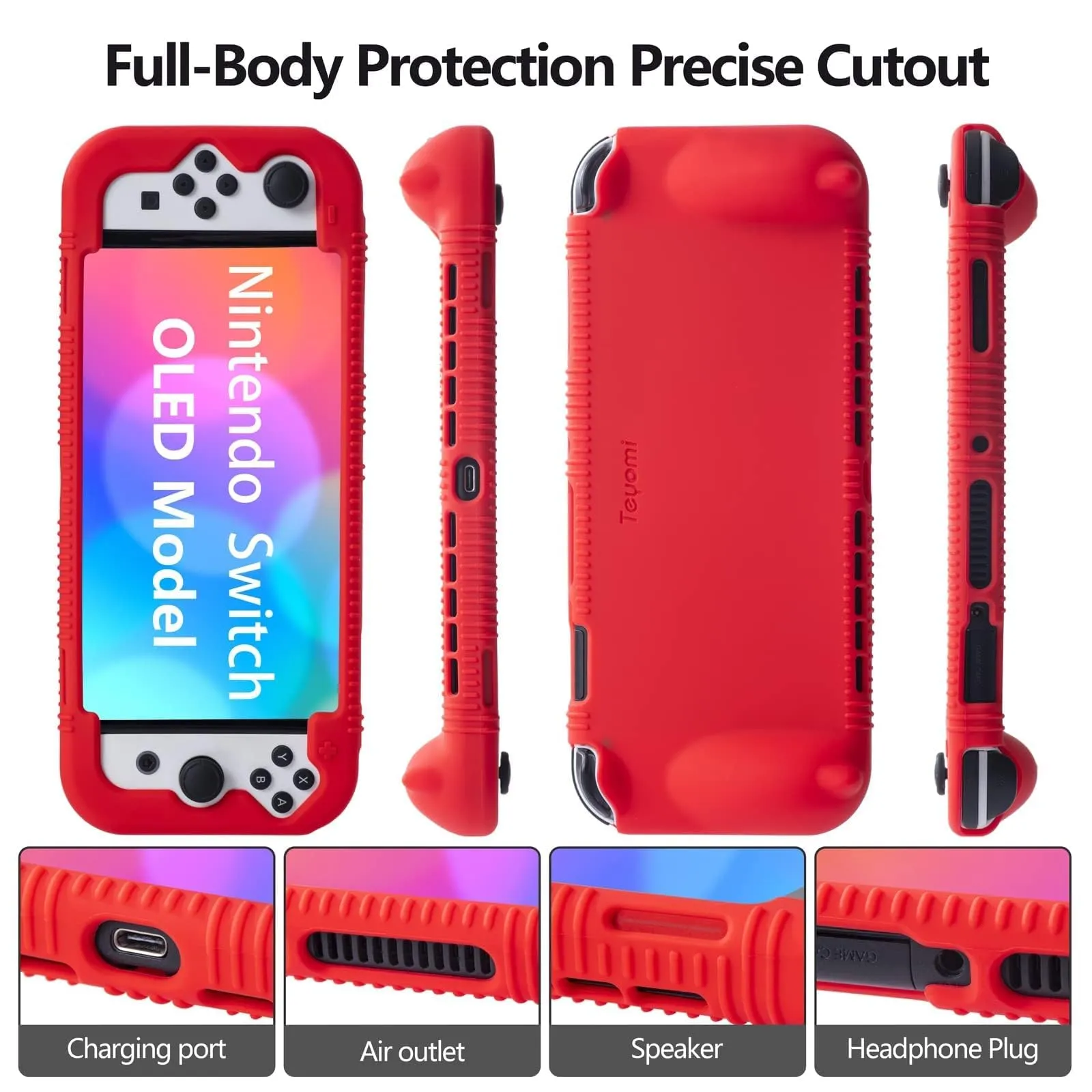 Teyomi Silicone Custodia compatibile con Nintendo Switch OLED modello 2021, Cover Nintendo Switch Oled con protettiva con accessori in vetro temperato, 2 scomparti per carte da gioco (rosso) - immagine 3
