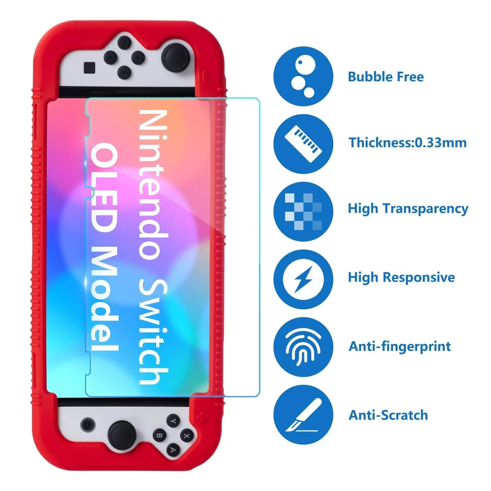 Teyomi Silicone Custodia compatibile con Nintendo Switch OLED modello 2021, Cover Nintendo Switch Oled con protettiva con accessori in vetro temperato, 2 scomparti per carte da gioco (rosso) - immagine 7
